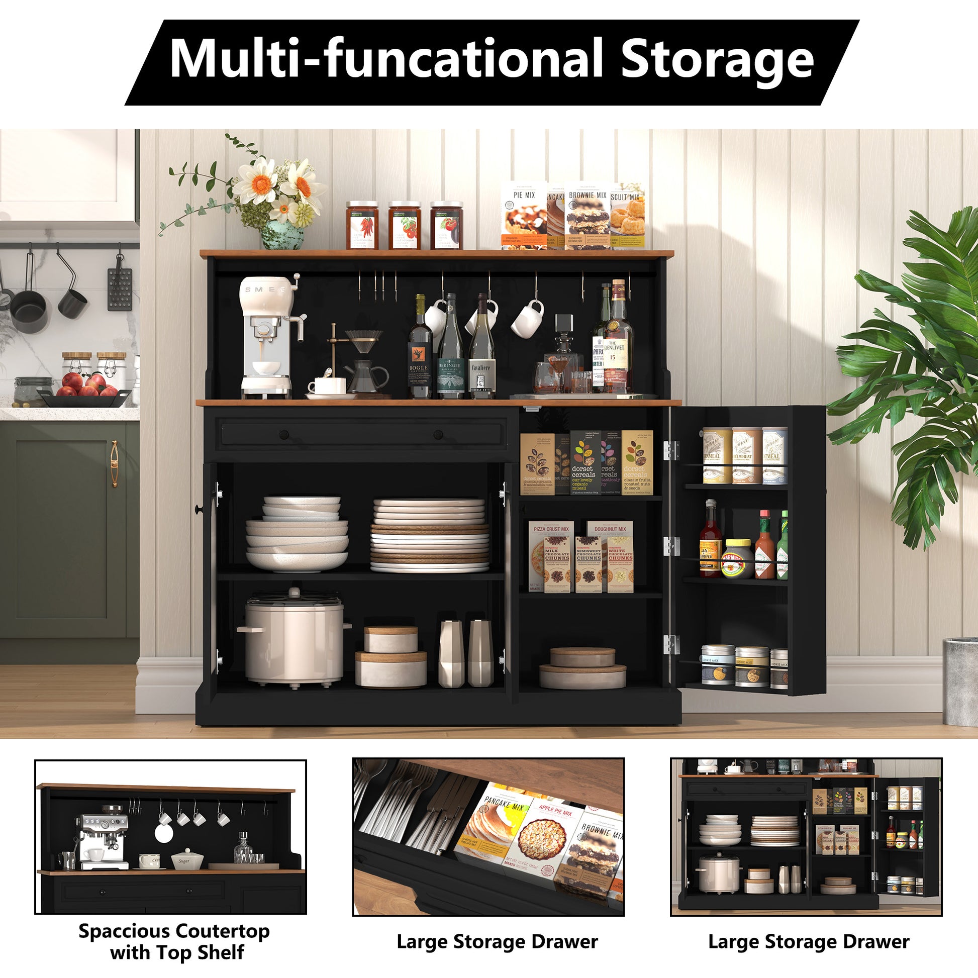 HLR 48" Modern Wood Kitchen Pantry Cabinet, Coffee Bar with Drawer & Microwave Stand, Dining Room, Black