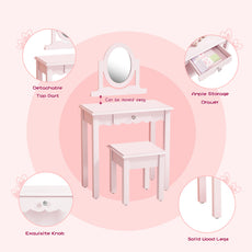 CBJCBJ Kids Vanity Set with Mirror and Stool（Detachable Top）, Wooden 2 in 1 Princess Makeup Desk Dressing Table,Pink