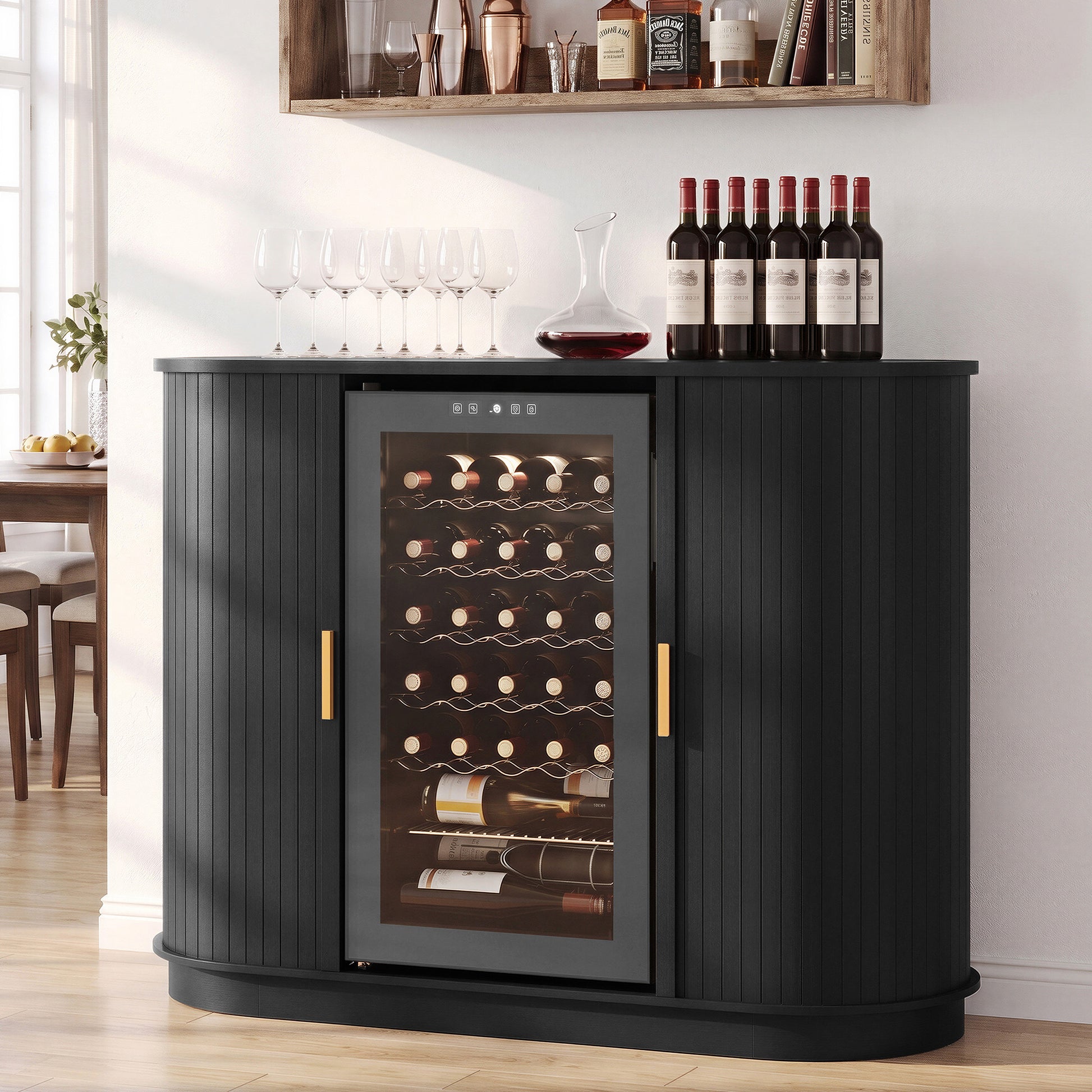 HLR Mid Century Coffee Bar Cabinet, Wine Cabinet Mini Fridge Space, Black