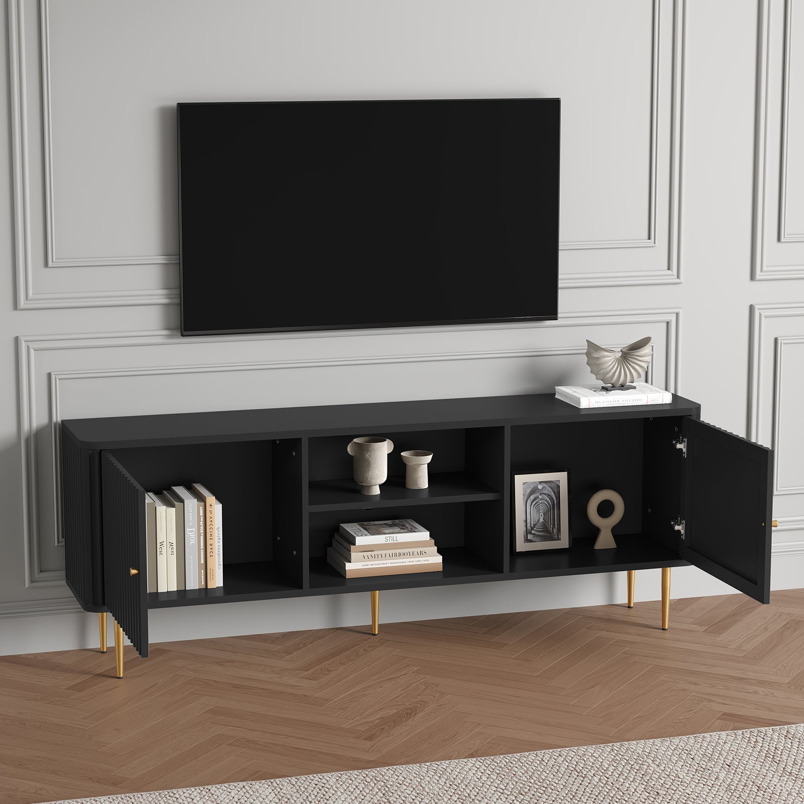CBJCBJ Modern Fluted 67" TV Stand for 75" TV with Storage, Entertainment Center for Living Room,Black