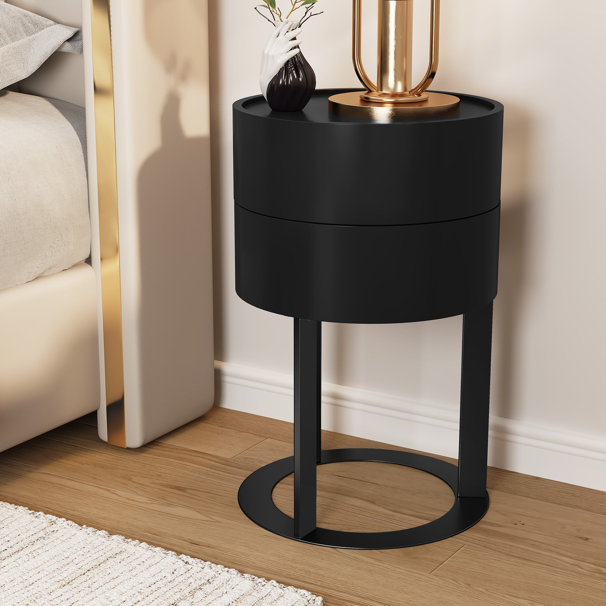 CBJCBJ Modern Round Nightstand with Drawer, 14.2" Bedside Table for Bedroom,Black