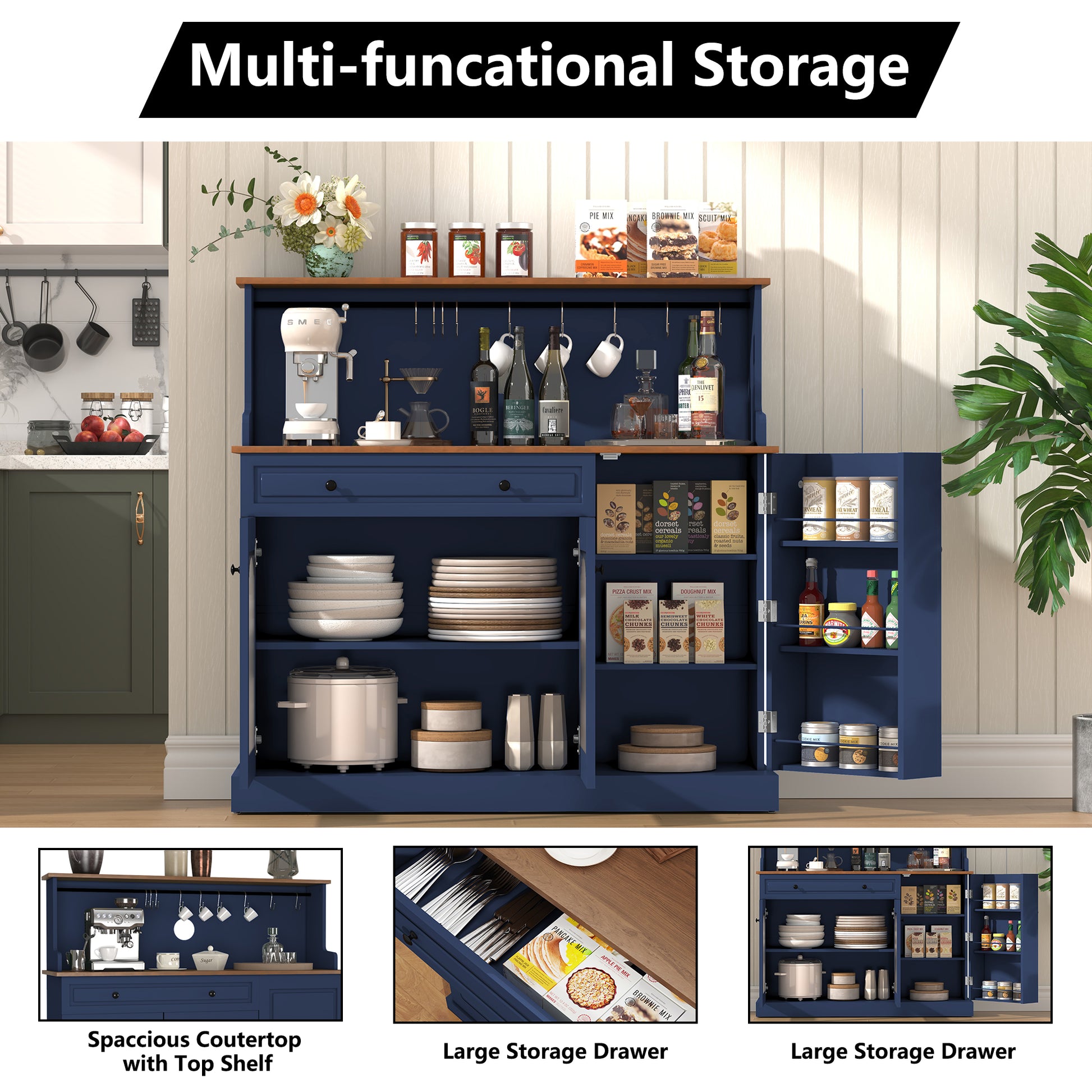 HLR 48" Modern Wood Kitchen Pantry Cabinet, Coffee Bar with Drawer & Microwave Stand, Dining Room, Navy Blue