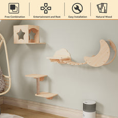 CBJCBJ Solid Wood Cat Wall Mounts Shelves Perches Set, Sleeping Playing Lounging Climbing Wall-mounted Cat Tree House for Multiple Cats, 5-Piece