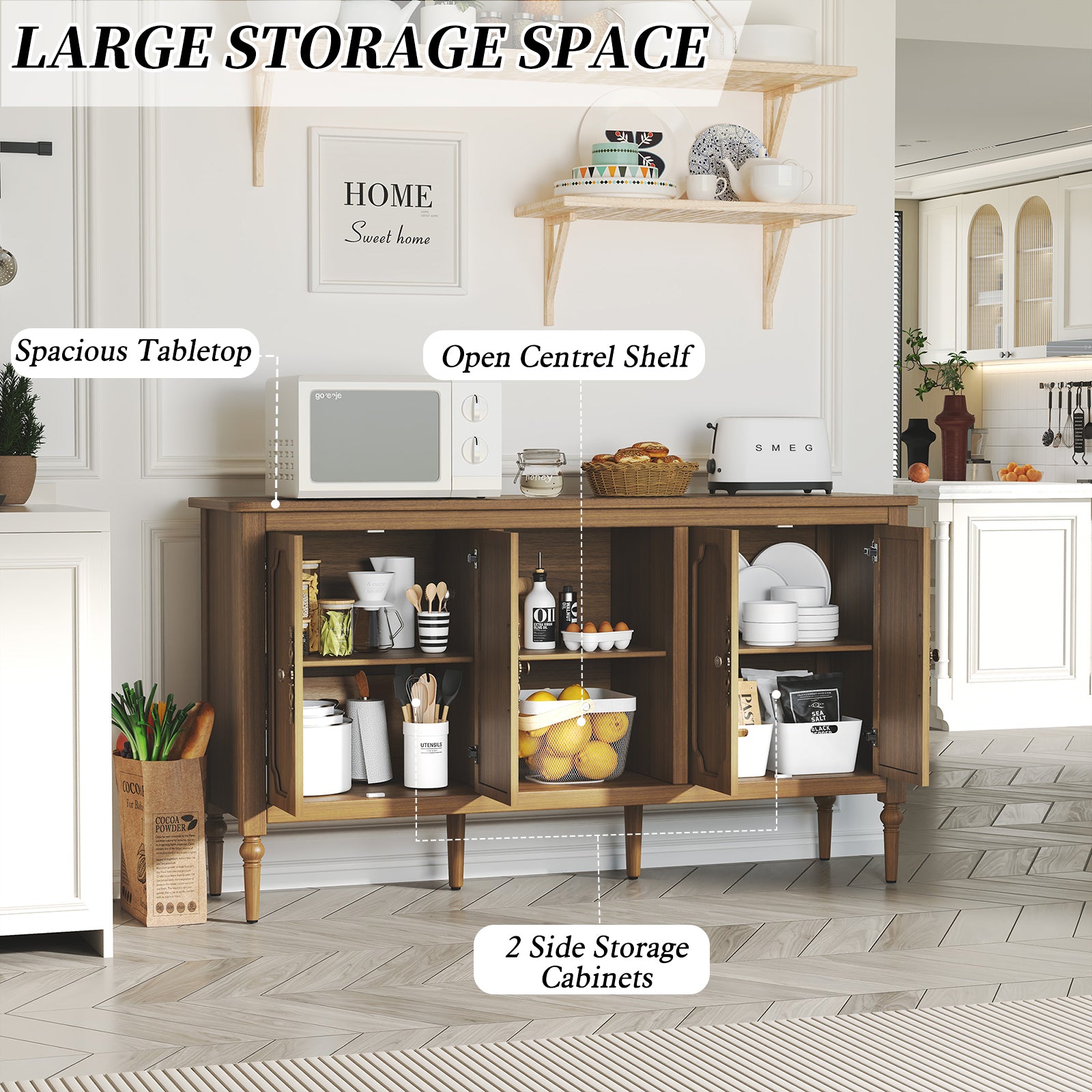 CBJCBJ 59" Mid-Century Storage Cabinet with Adjustable Shelves, Double-Layer Open Design for Living Room & Bedroom,Brown