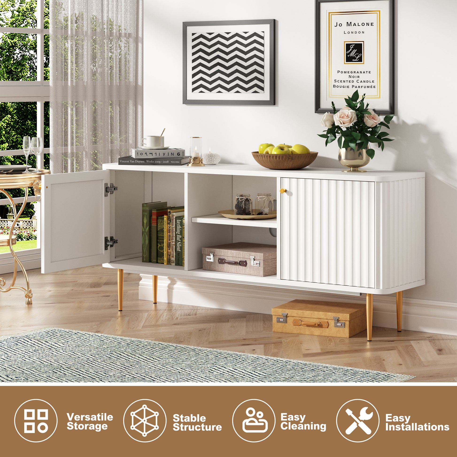 HLR Modern Fluted 55" TV Stand for 65 Inch TV with Storage, Entertainment Center for Living Room, White