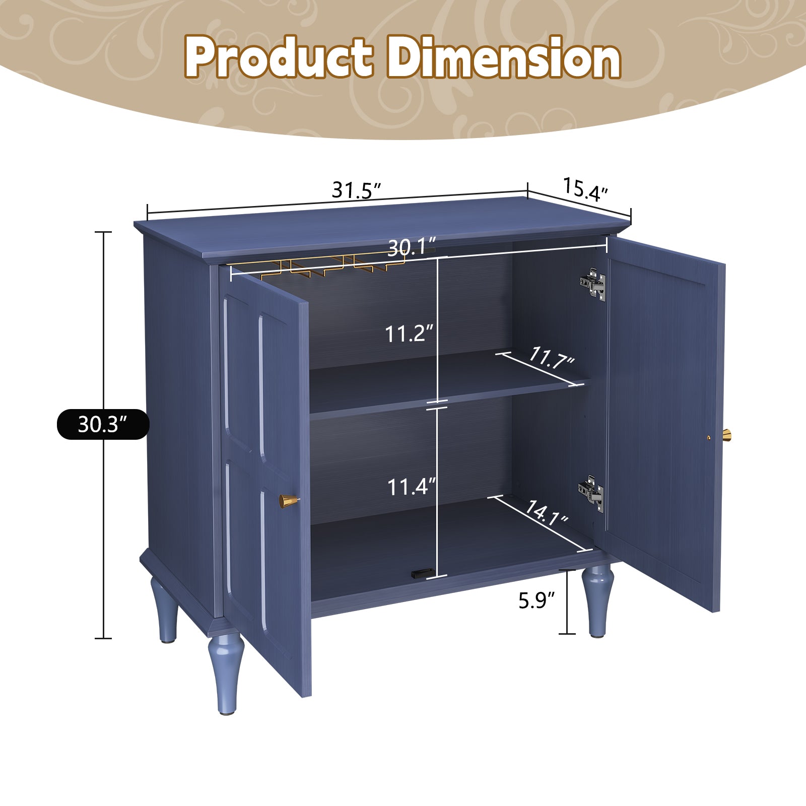 HLR 31.4" W Mid-Century 2 Door Credenzas & Sideboards With Adjustable Shelves, Navy Blue