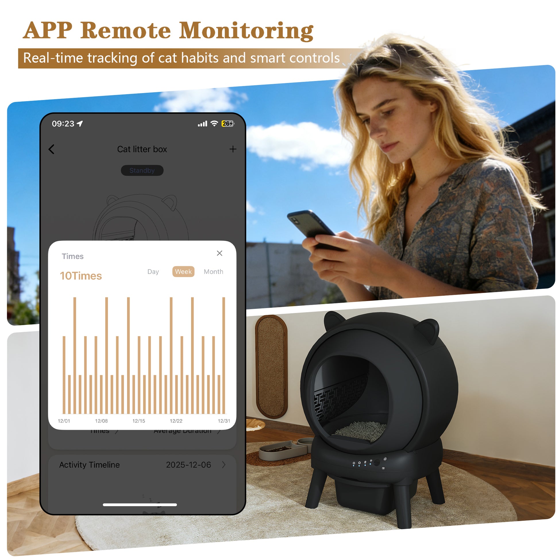 CBJCBJ 70L Smart Automatic Self-cleaning Cat Litter Box, Supports APP Control and Multiple Layer Safety Protection,Black