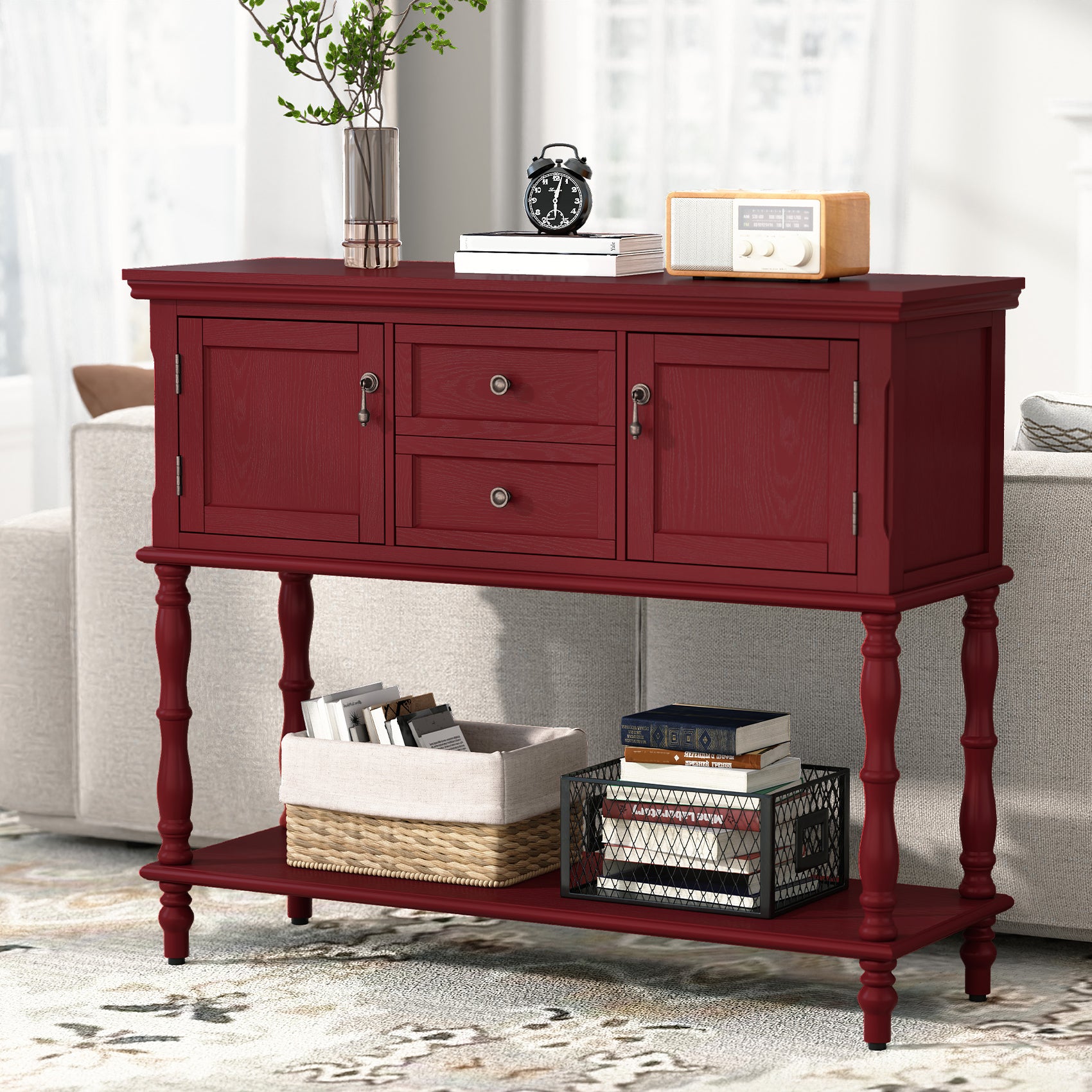 CBJCBJ 42" Farmhouse Console Table , 2 Drawer Narrow Long Entryway Table with Open Storage Shelf , for Living Room,Red
