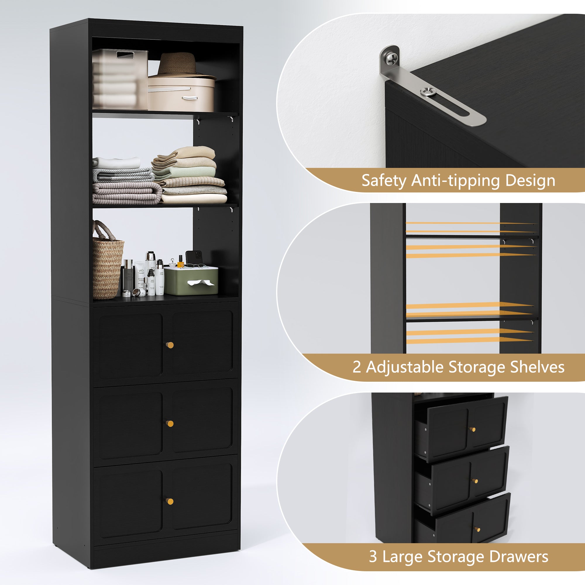 CBJCBJ 80"H Wood Closet Organizer System with 3 Drawers, 4 Hanging Rods, Wardrobe Clothes Rack for Bedroom,Black