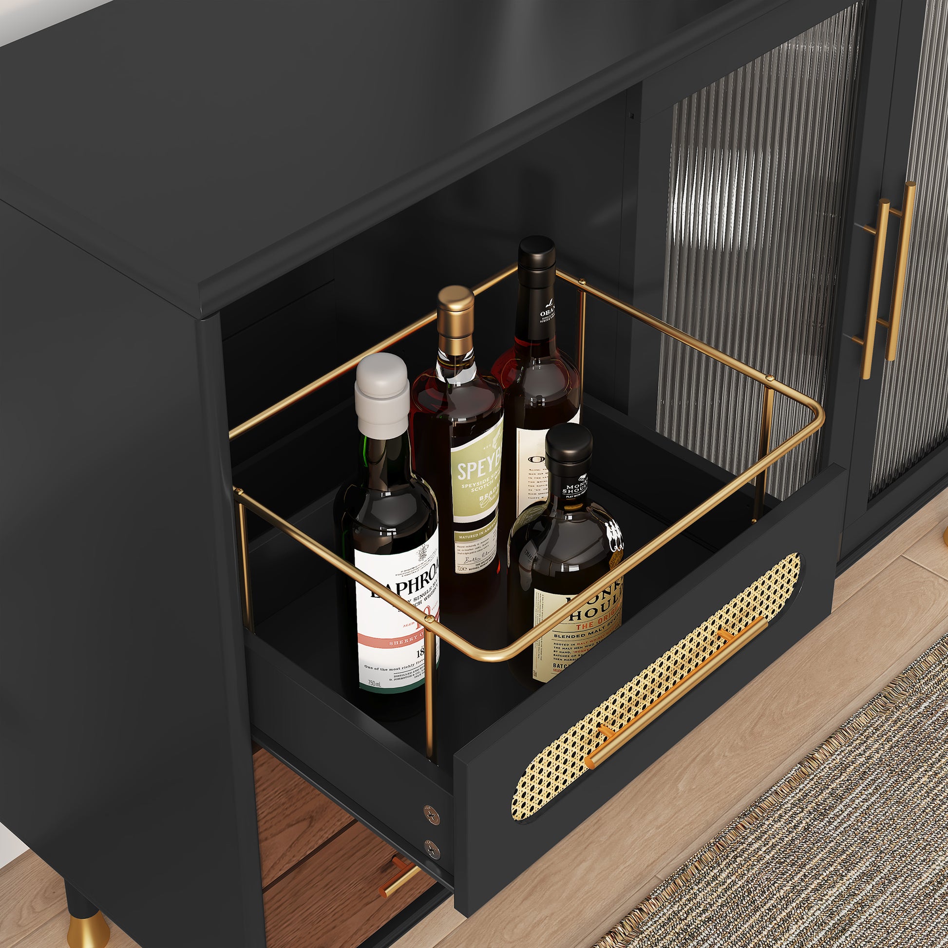 HLR 47.2" Coffee Wine Bar Cabinet with 2 Glass Doors, Modern Buffet Sideboard Table for Dining Room, Black