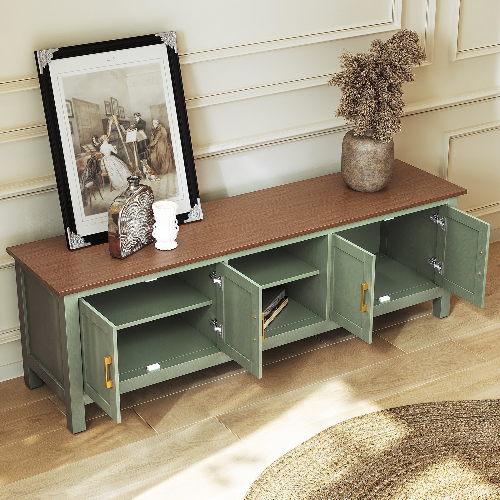 HLR® Farmhouse 63" TV Stand, for TVs up to 70", Living Room Wooden Entertainment Center with Storage