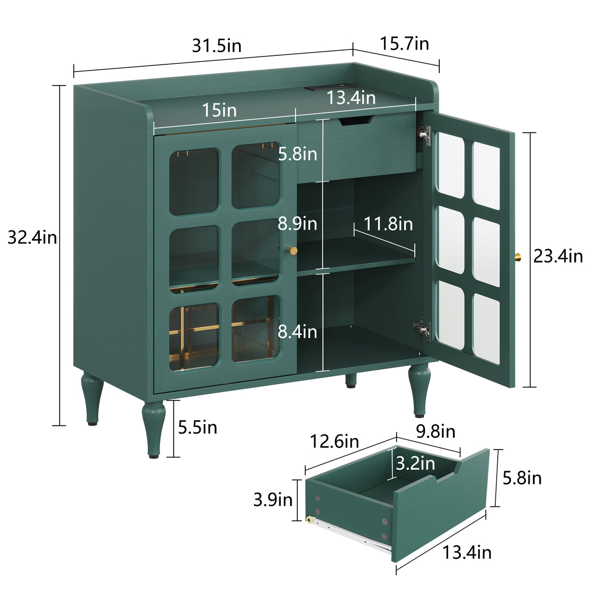 CBJCBJ Modern Wine Cabinet with Power Outlet and Glass Doors Sideboard Storage for Dining and Living Room,Green