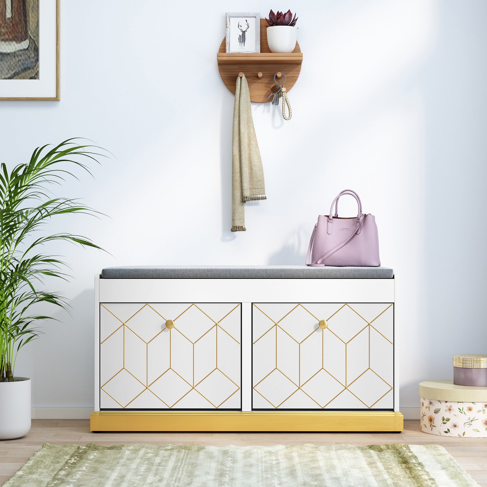 CBJCBJ 39"W Multifunction Suitable Shoe Bench with Soft Cushion and 2 Drawers for Entryway, White