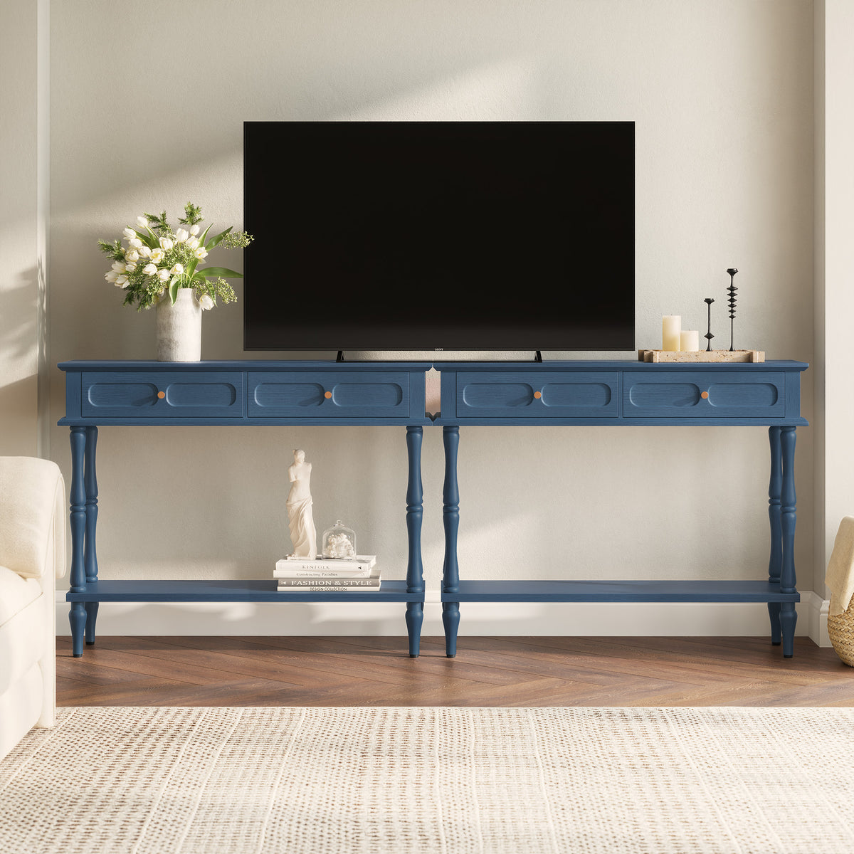 HLR 41" Mid Century Console Tables, Entryway Tables with 2 Drawers, 10 Mins Assembly, Blue