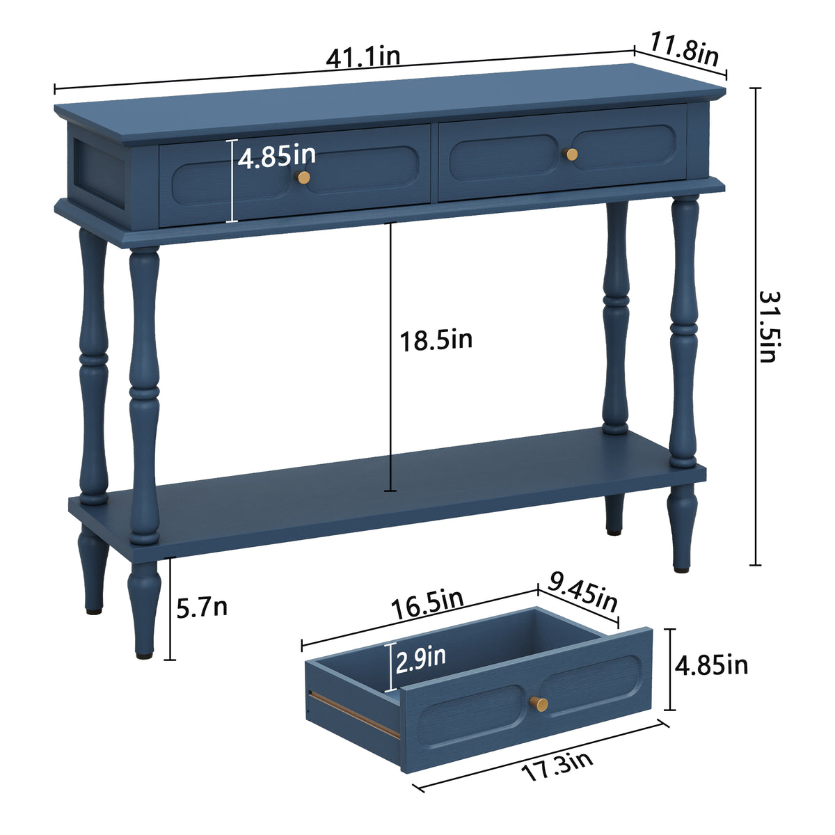 CBJCBJ Minimal Assembly Console Table, Entryway Table with 2 Drawers and Open Shelf, for Living Room, Blue