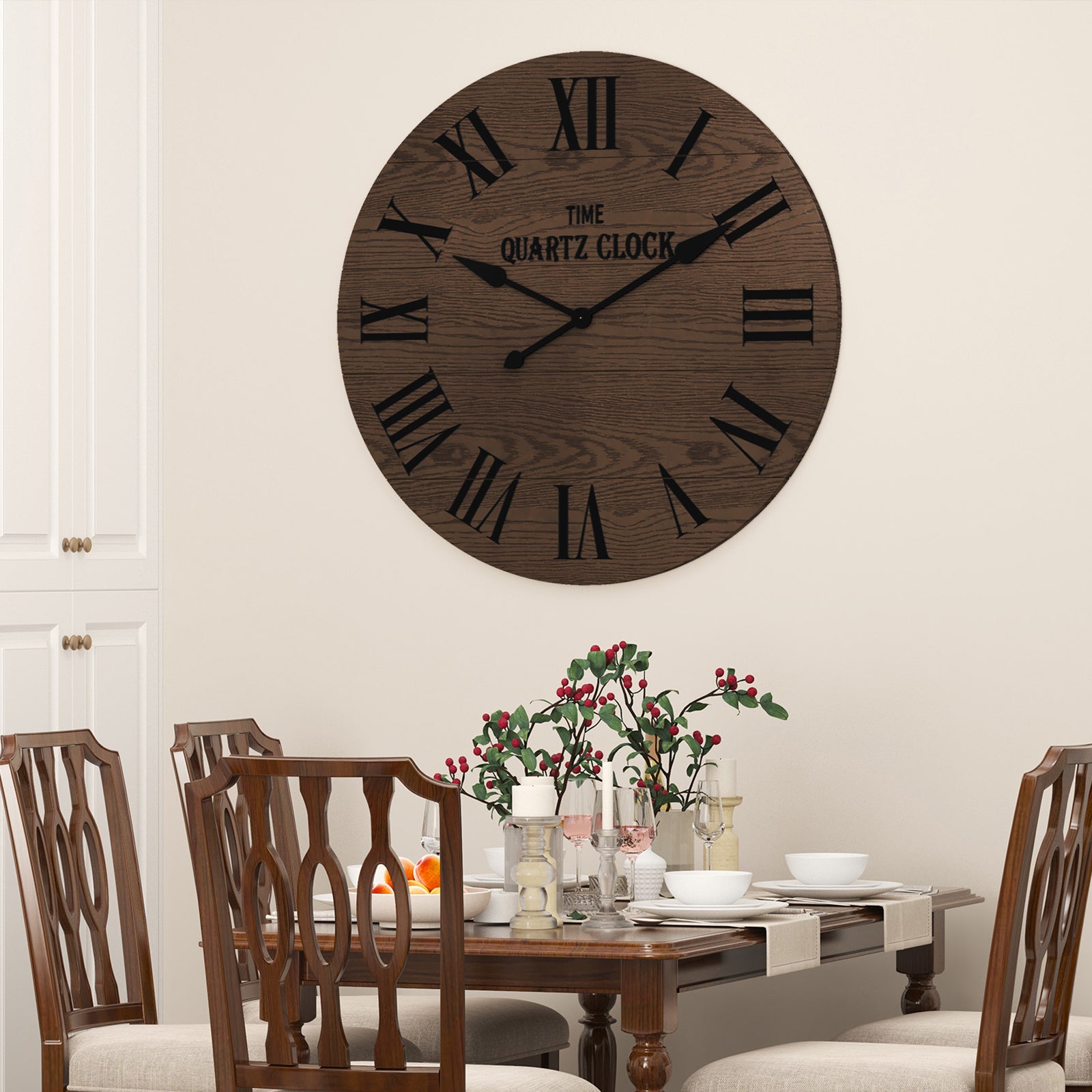 HLR 35.5” Farmhouse Large Shiplap Round Wall Clock with Roman Numeral for Living Room Decor, Brown