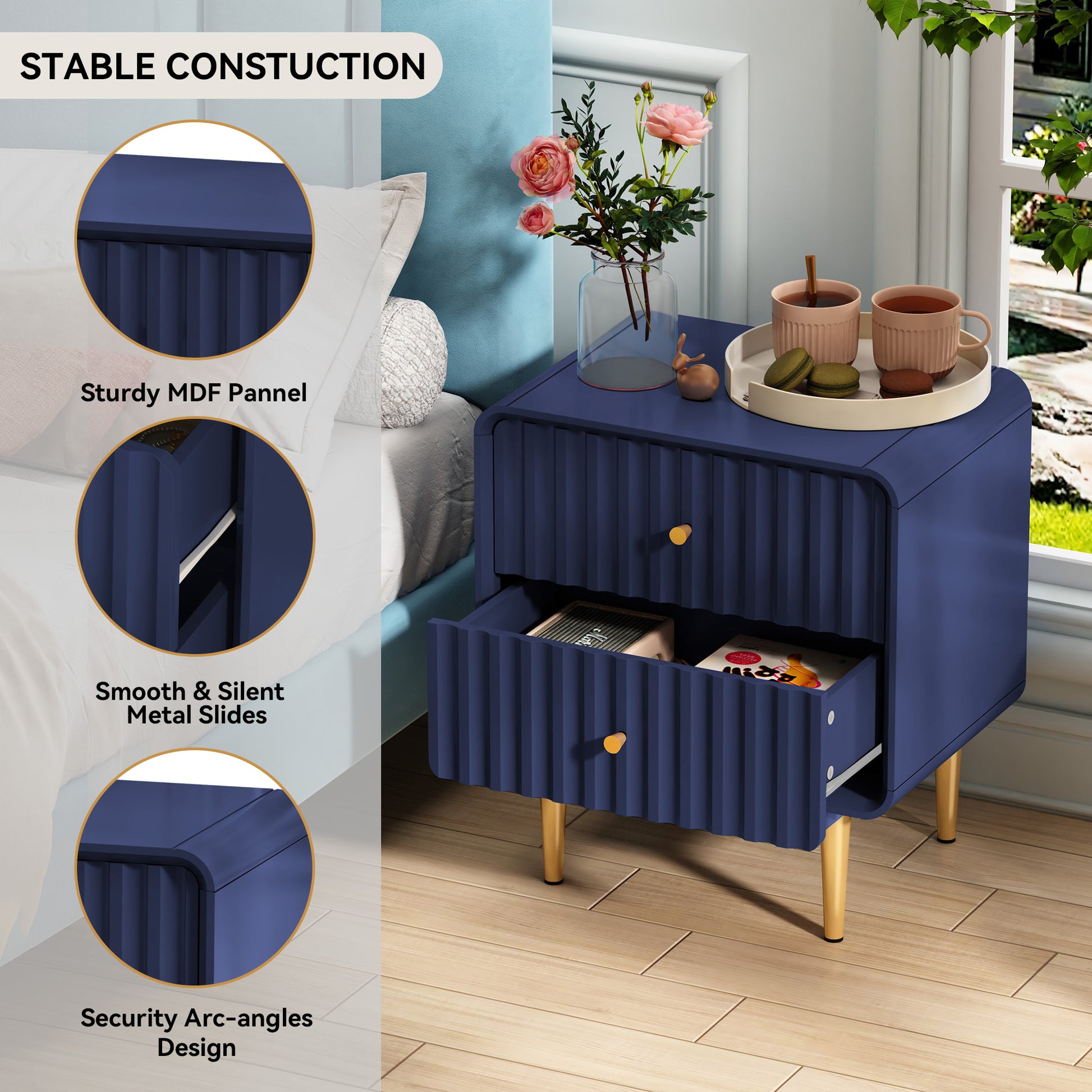 CBJCBJ Modern Bedroom Nightstand Set of 2, 20-Inch Wood Bedside Table with 2 Drawers and Gold Handles