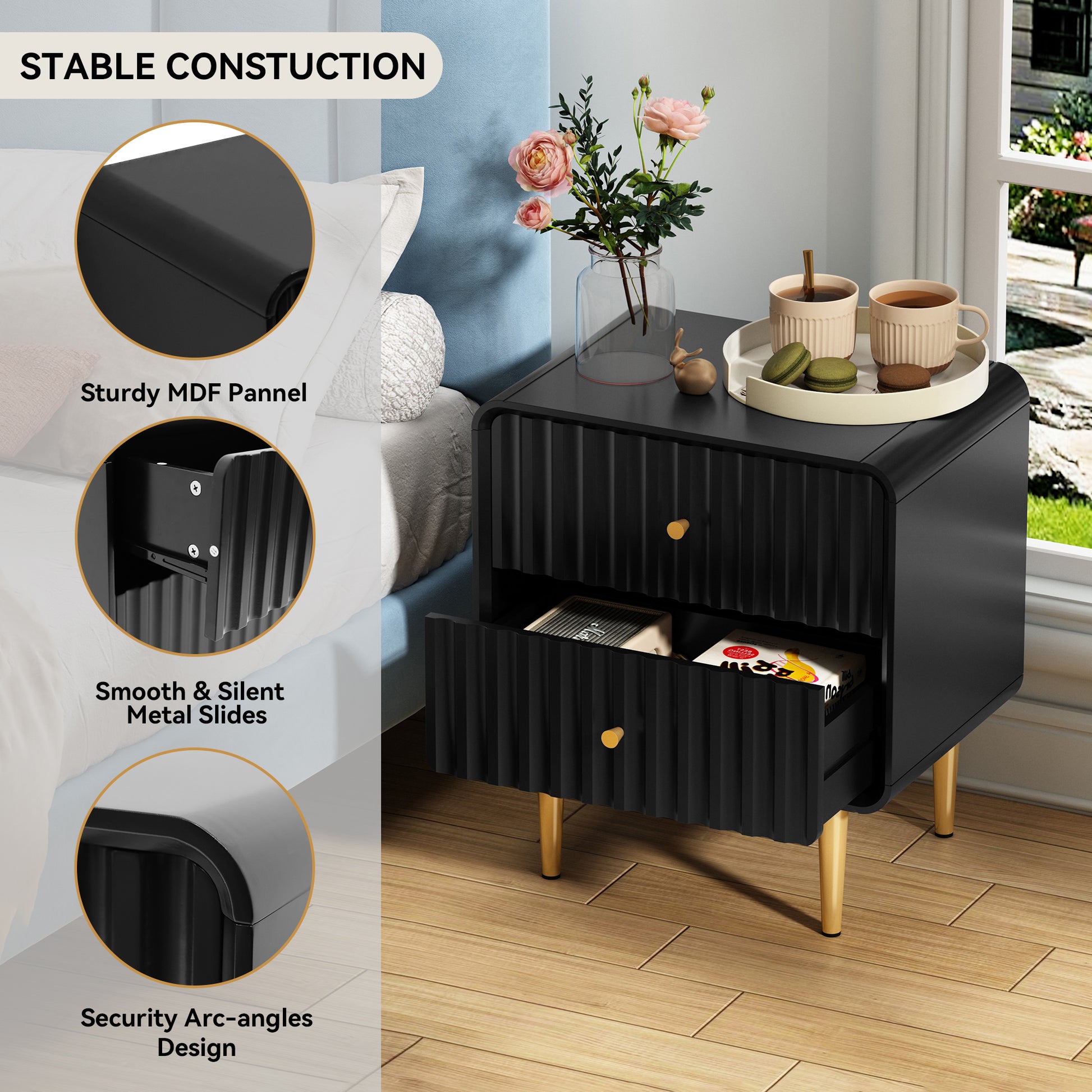 CBJCBJ Modern Bedroom Nightstand Set of 2, 20-Inch Wood Bedside Table with 2 Drawers and Gold Handles