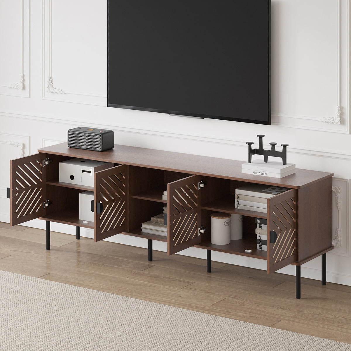 HLR Mid Century Modern 70" Large TV Stand for 80 Inch TV, Entertainment Center with Storage, Brown