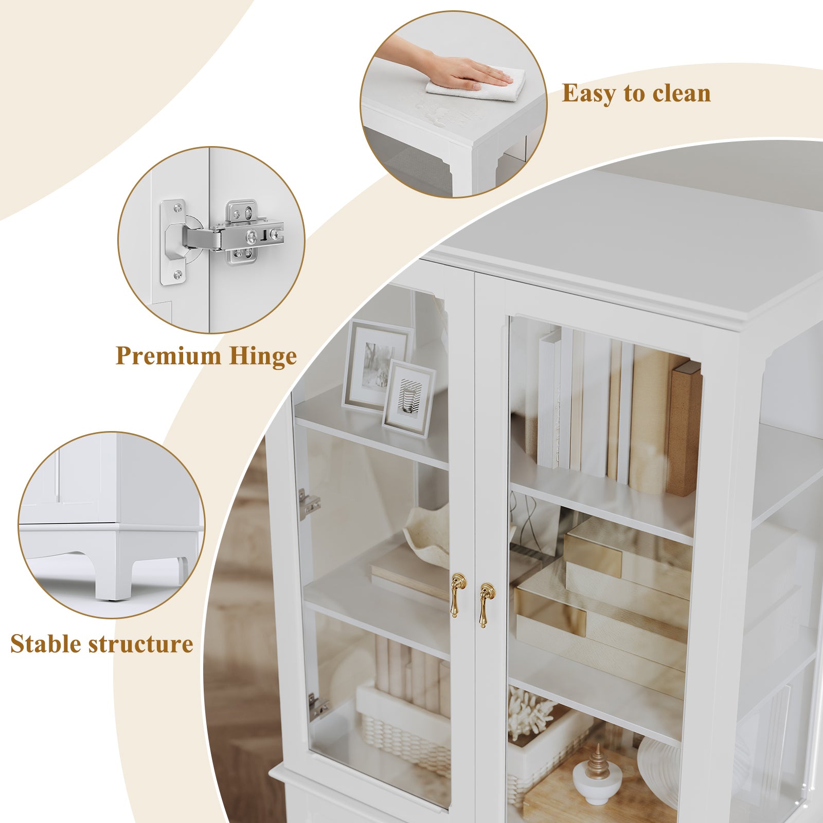 CBJCBJ Modern Bookcase with Storage, Display Cabinet with Glass Doors, Storage Cabinet with Adjustable Shelves,White