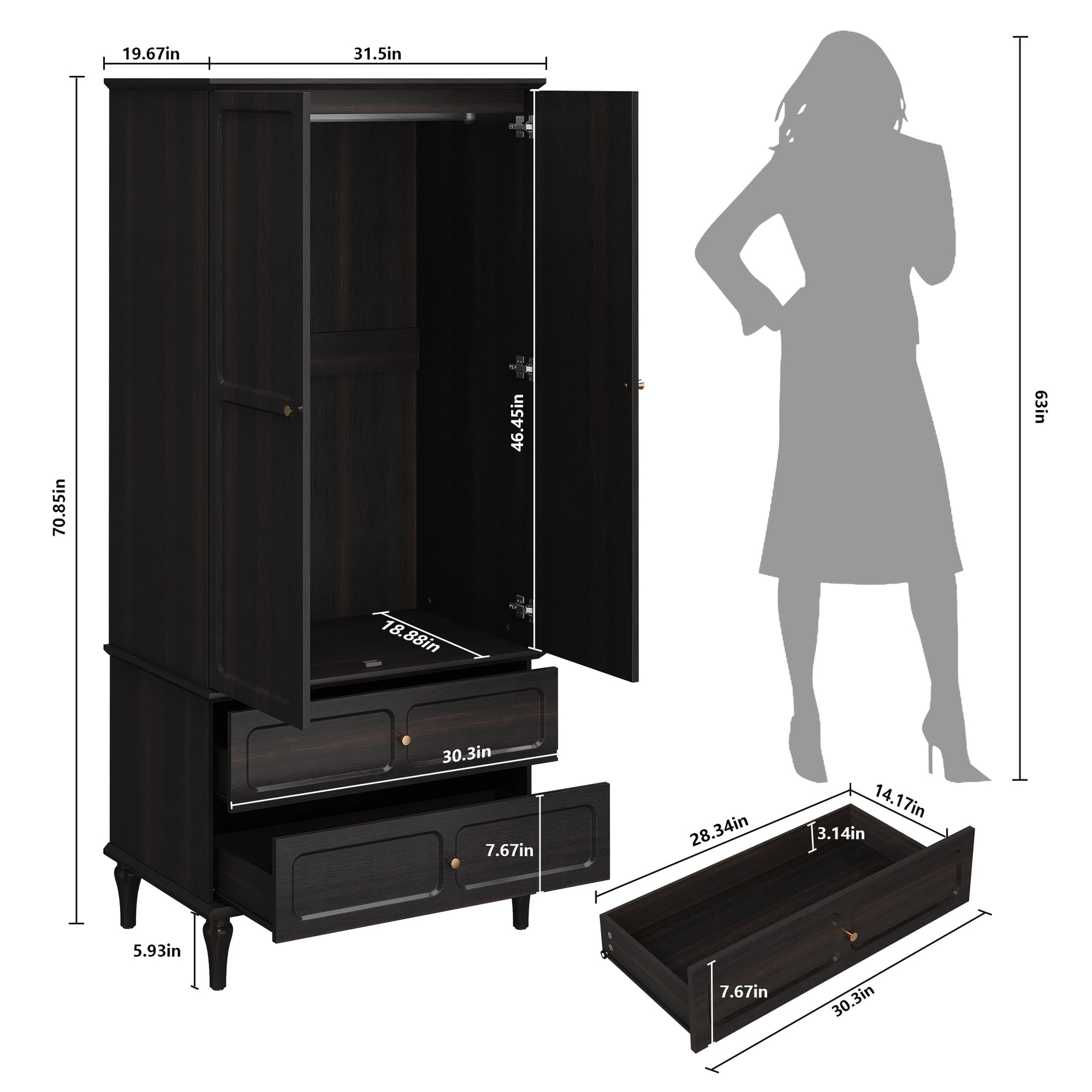HLR 71" Tall Modern Wood Armoire Wardrobe Closet, Freestanding Cabinet with Hanging Rod for Bedroom, Black