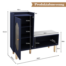 CBJCBJ Modern Storage Bench with Glass Door & Shelf - L-Shaped Entryway Cabinet, Padded Seat for Hallway/Bedroom/Office, Blue