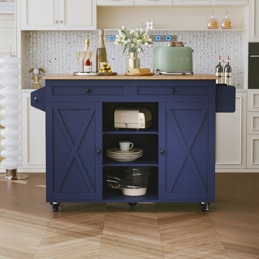 CBJCBJ 51.7" Rolling Kitchen Island Foldable, Adjustable Shelf & 2 Storage Doors - Mobile Kitchen Cart, Breakfast Bar with Storage (Navy Blue)