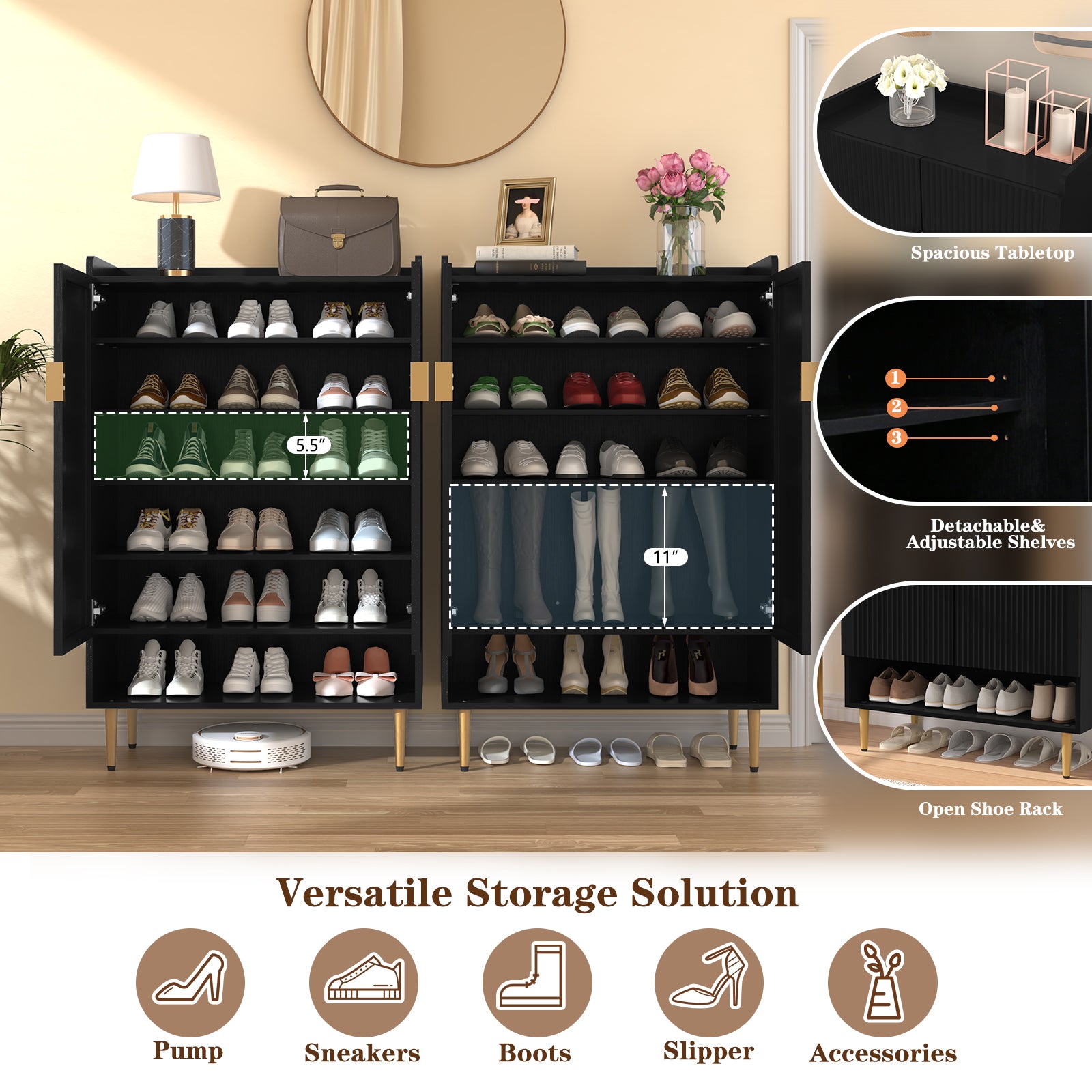 HLR Modern Wooden Shoe Storage Cabinet with 6-Tier Adjustable Shelves, Freestanding Shoe Organizer with Doors for Hallway, Black