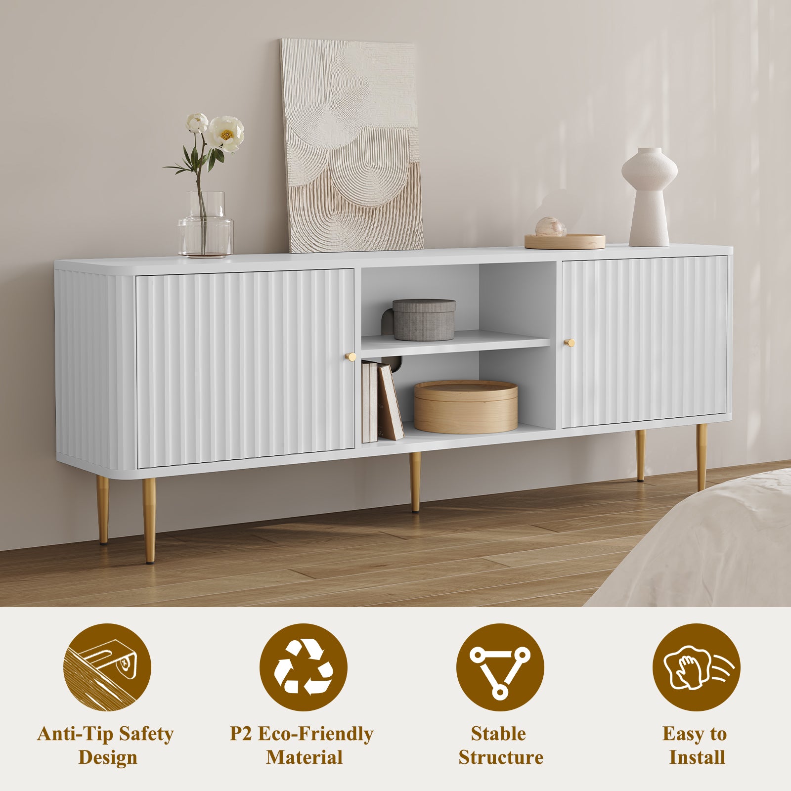 HLR 67 In Fluted TV Stand for TVs Up to 75 Inch, Mid Century Modern Entertainment Center with Storage, White