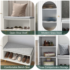 CBJCBJ Modern Storage Bench with Glass Door & Shelf - L-Shaped Entryway Cabinet, Padded Seat for Hallway/Bedroom/Office