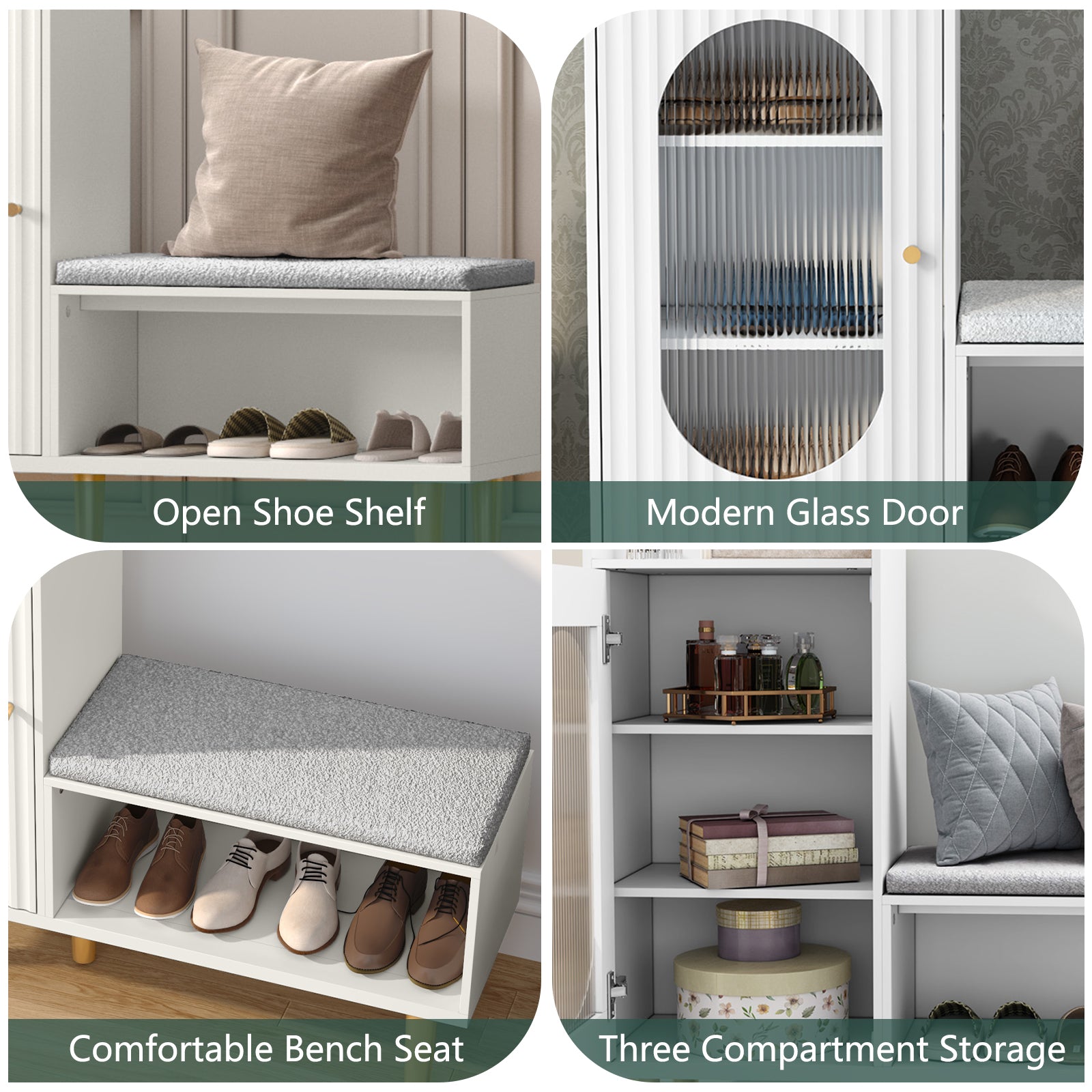 CBJCBJ Modern Storage Bench with Glass Door & Shelf - L-Shaped Entryway Cabinet, Padded Seat for Hallway/Bedroom/Office
