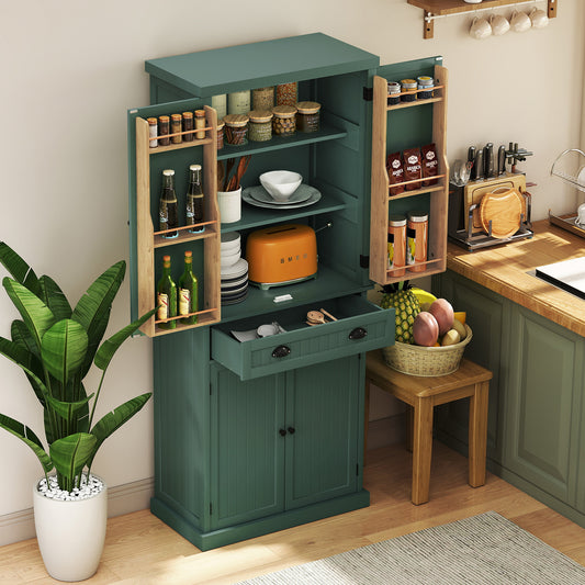 CBJCBJ 72" Wood Pantry Cabinet, 4 Adjustable Shelves and Central Drawer with Storage , Freestanding Kitchen Organizer for Dining Room（Green）