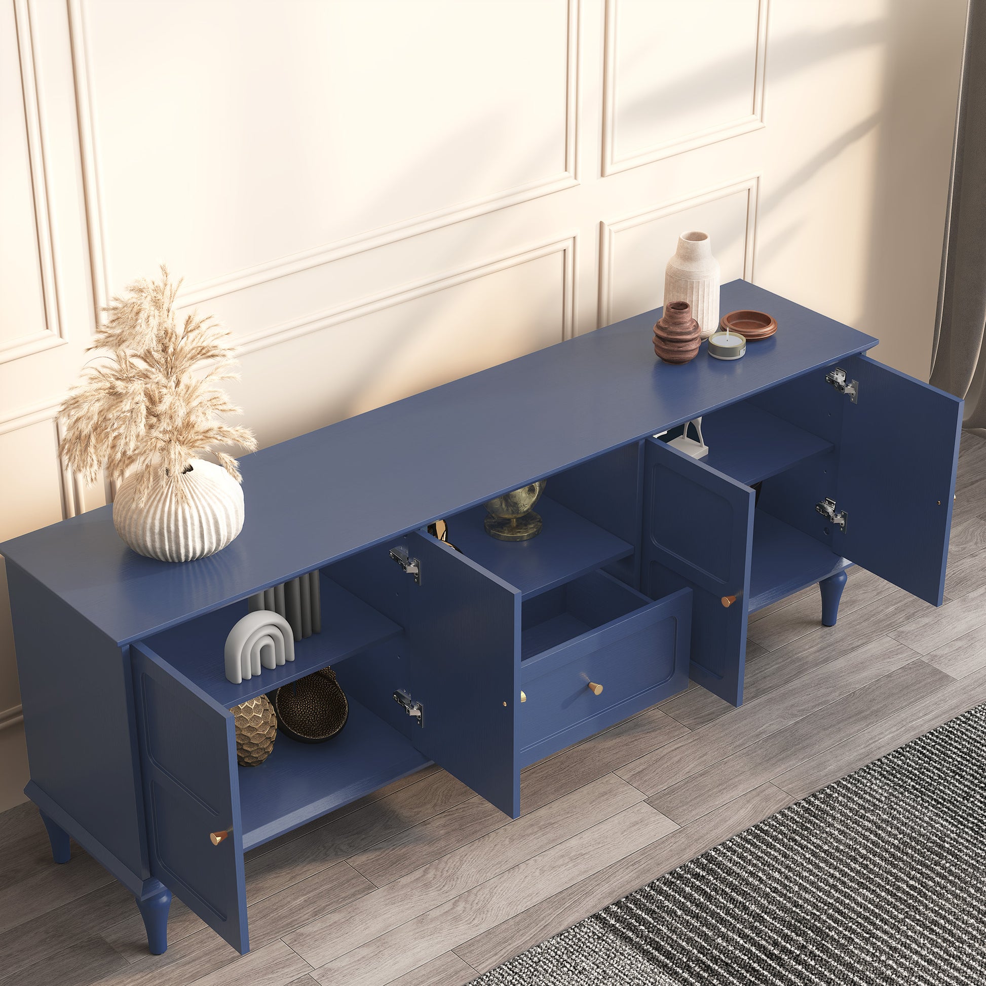HLR Mid Century 67" TV Stand, for TVs up to 75", Living Room Entertainment Center with 4 Door Storage Cabinet, Navy Blue