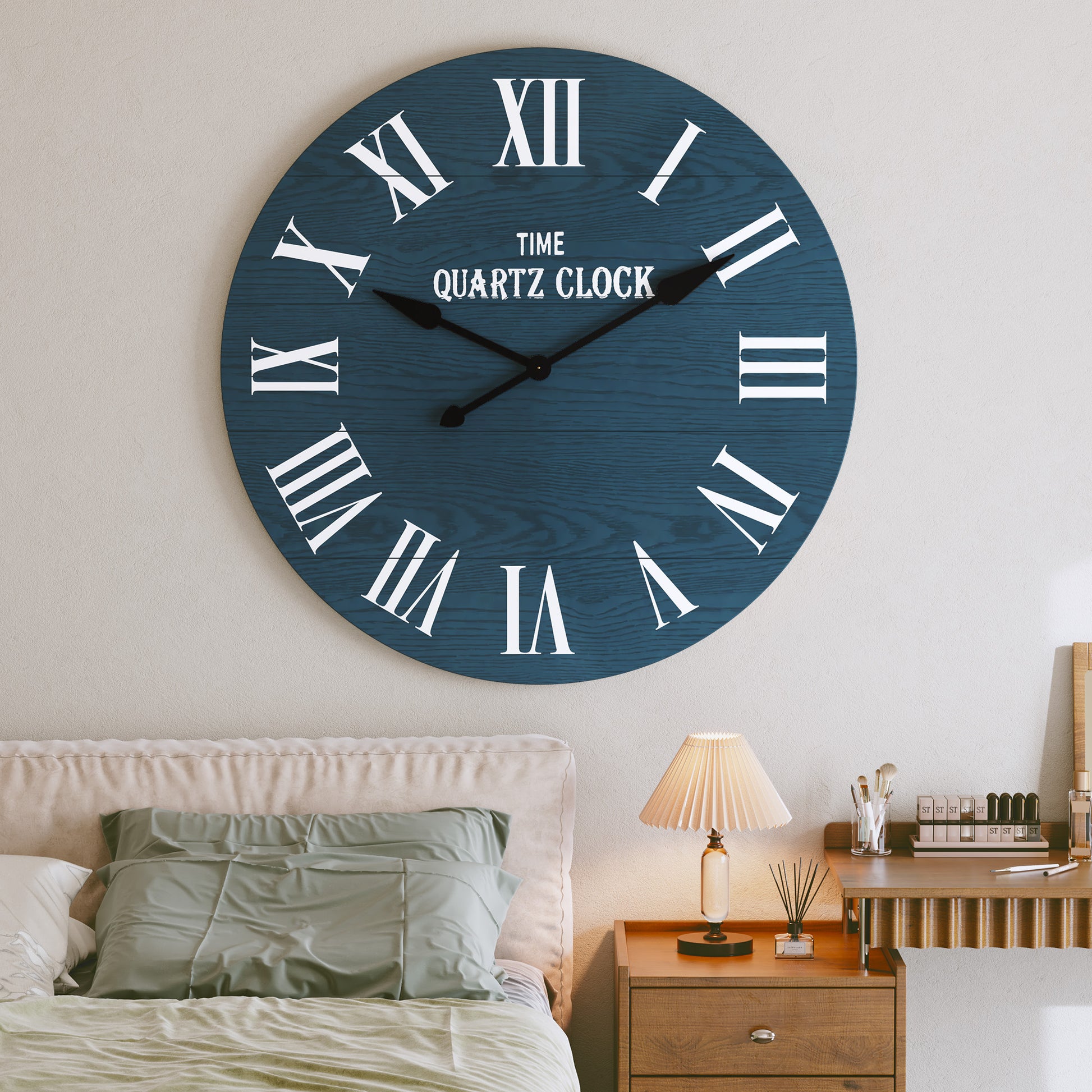 CBJCBJ 35.5” Farmhouse Large Shiplap Round Wall Clock with Roman Numeral for Living Room Decor, Blue