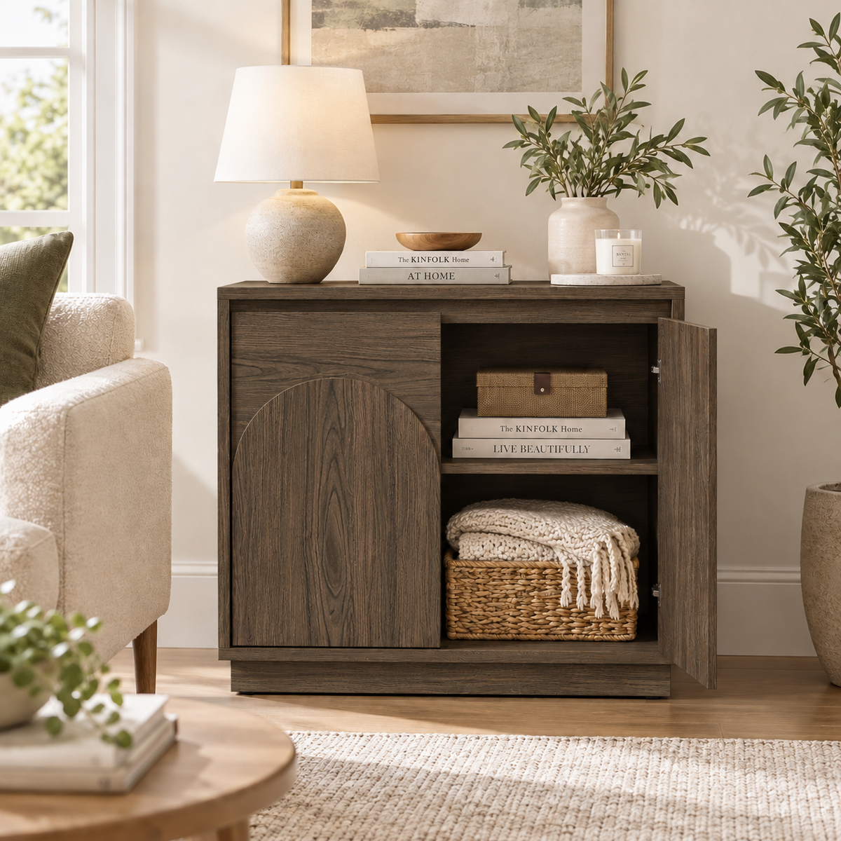 HLR 63'' Sideboard Buffet Cabinet, Mid-Century Wood Accent Cabinet with 4 Doors Storage for Living, Brown