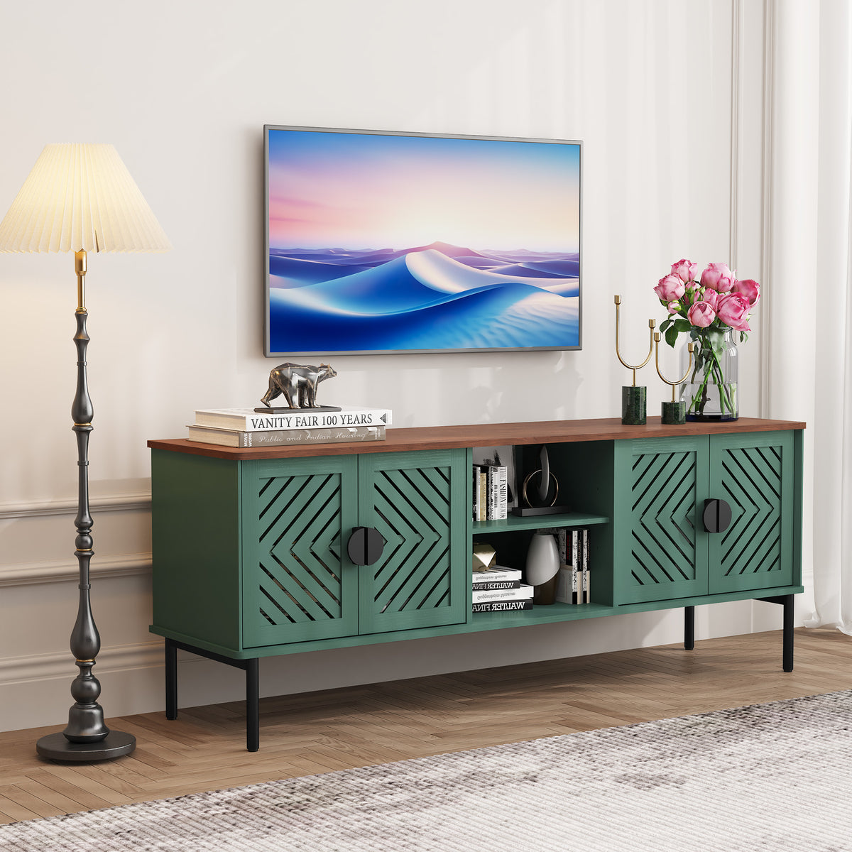CBJCBJ Modern Mid Century 63" TV Stand for 70" TV with Storage, Entertainment Center for Living Room,Green