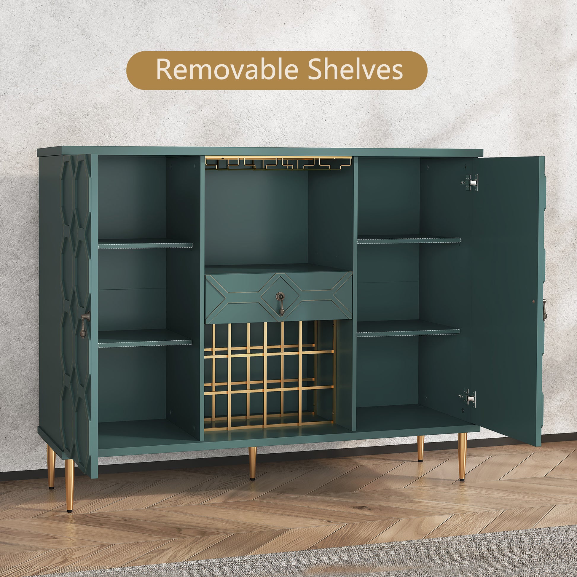 HLR Modern 47.2" Wine Bar Cabinet with Drawer, Geometric Door Buffet Sideboard Coffee Bar for Kitchen