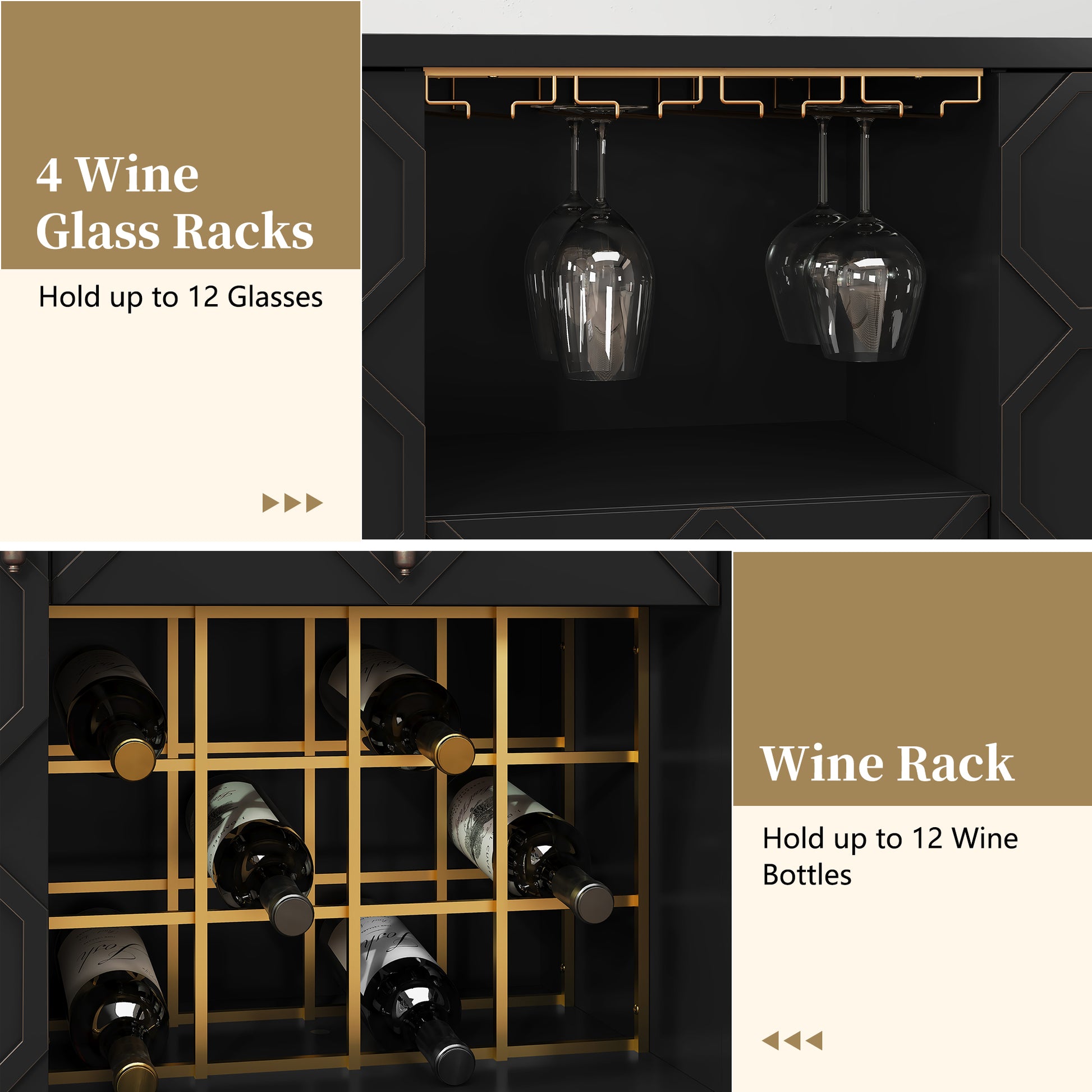 HLR Modern 47.2" Wine Bar Cabinet with Drawer, Geometric Door Buffet Sideboard Coffee Bar for Kitchen, Black
