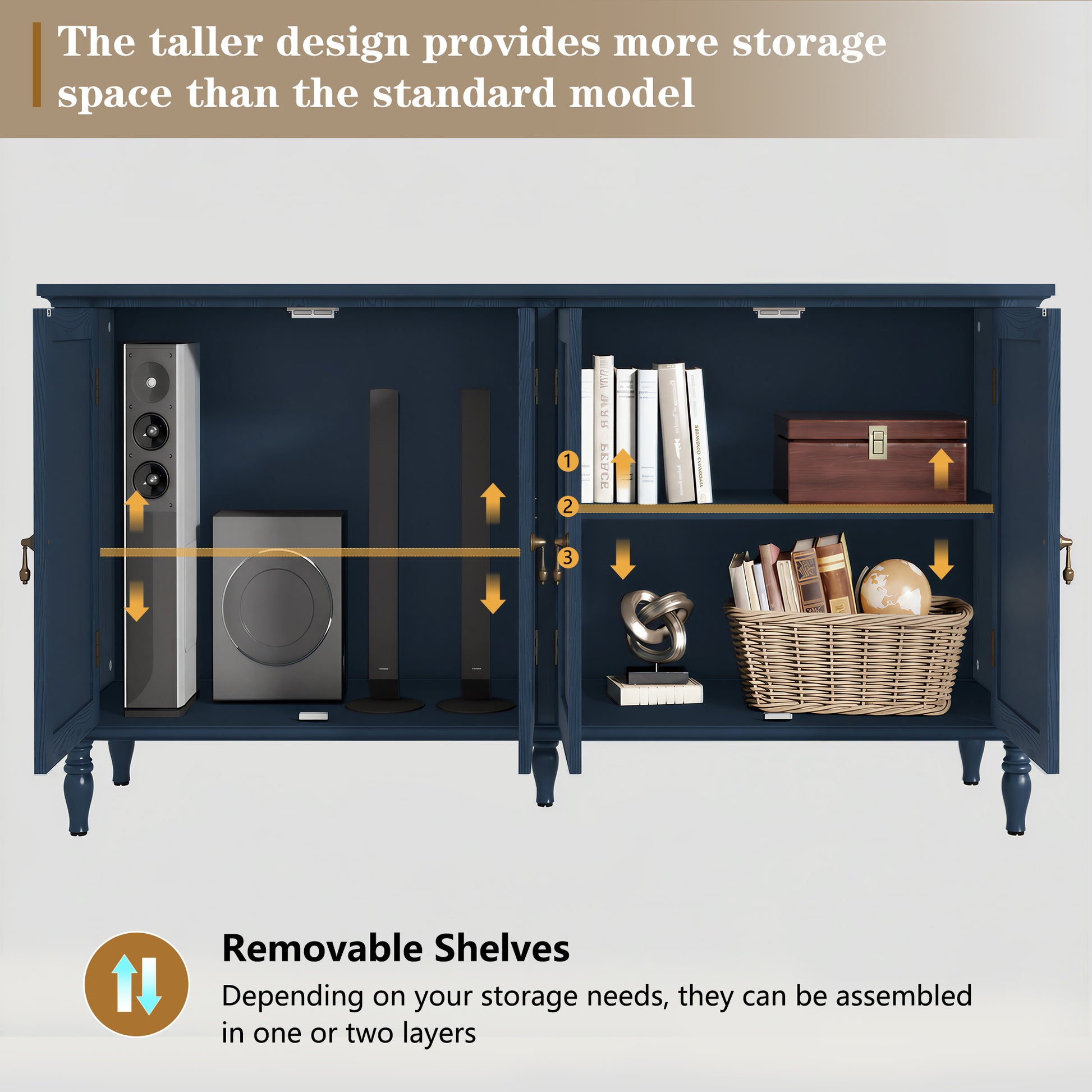 HLR 58'' Large Sideboard Buffet Cabinet with Storage, 4 Doors Modern Credenza Table for Living Room, Navy Blue