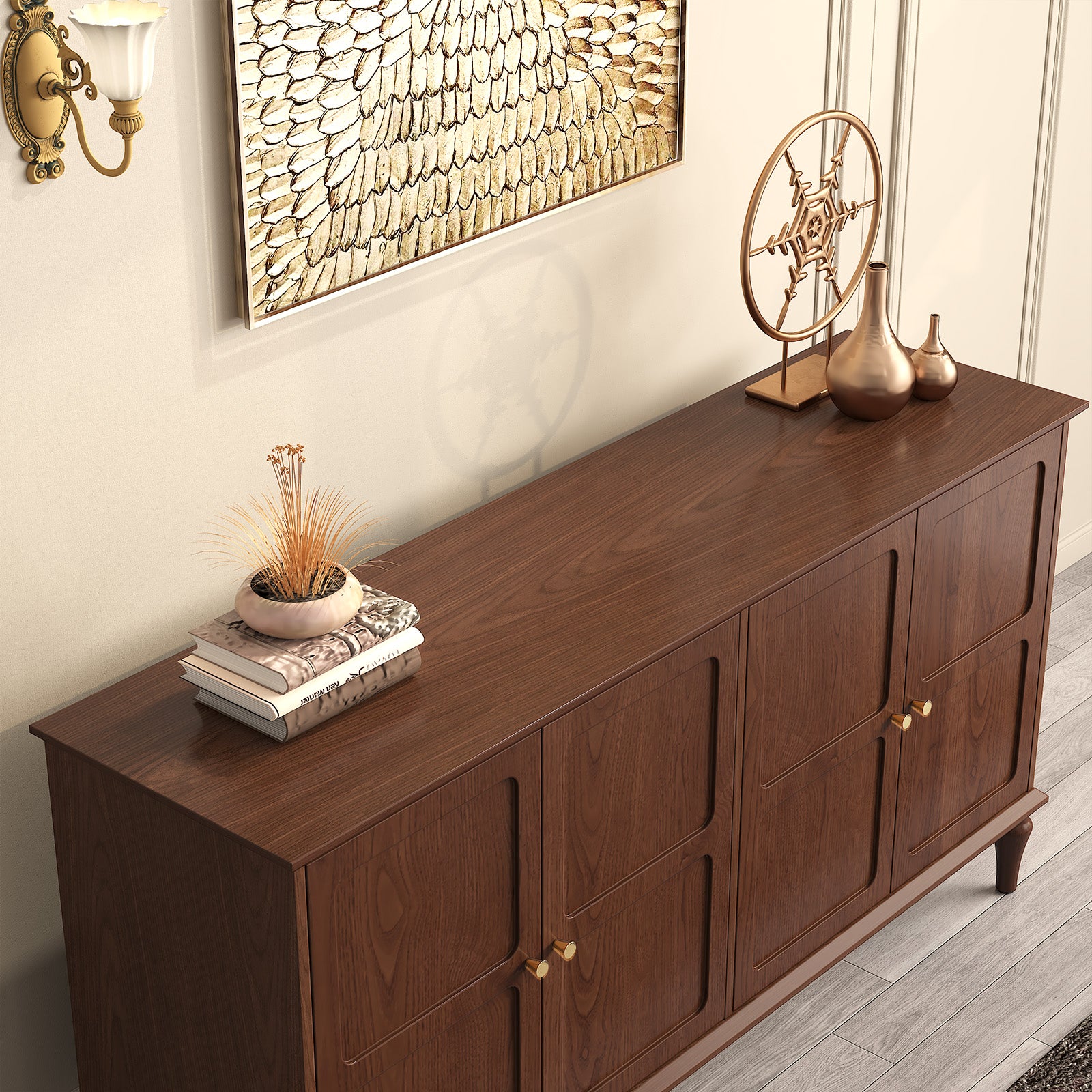 HLR Mid Century 58" Wood 4 Door Sideboard Buffet Cabinet with Storage for Living Dining (Brown)