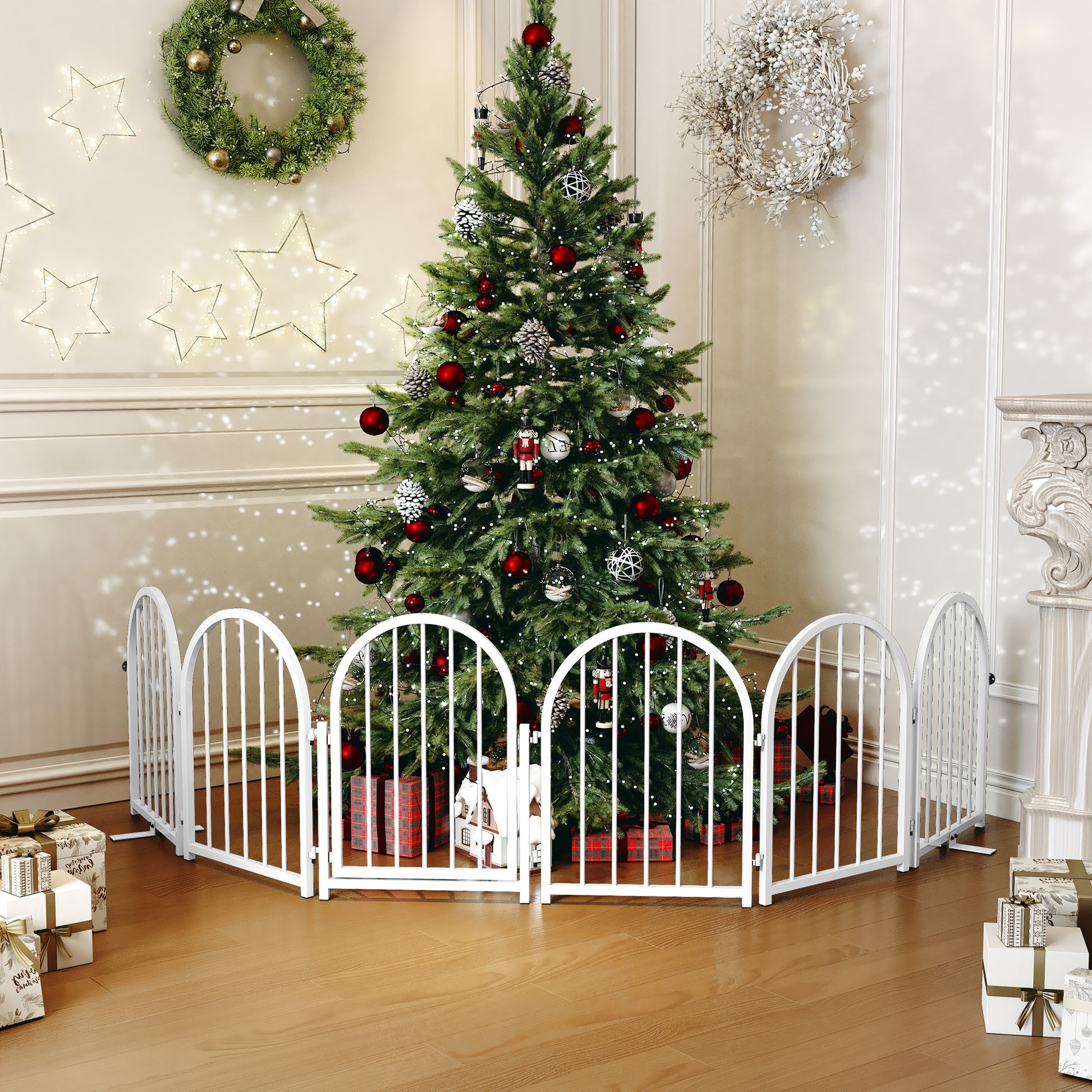 CBJCBJ Indoor Pet Gate, 4 Panel Folding Dog Gate , 24"H Freestanding Metal Pet Fence for Cats and Dogs ,White
