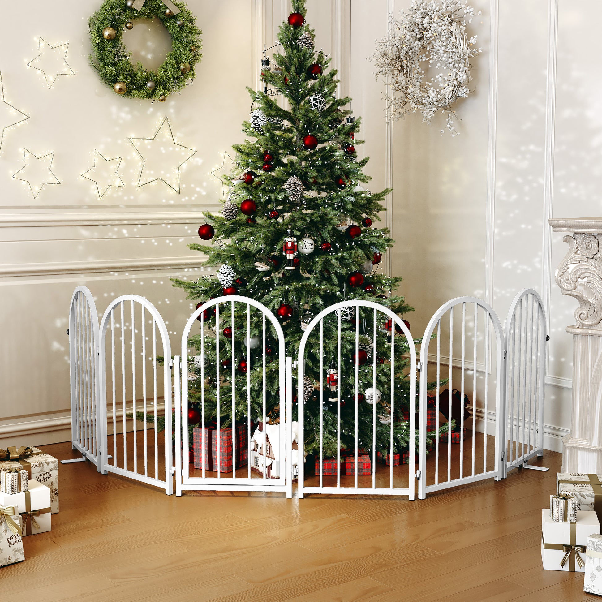 CBJCBJ Indoor Pet Gate, 6 Panel Folding Dog Gate , 32"H Freestanding Metal Pet Fence for Cats and Dogs ,White