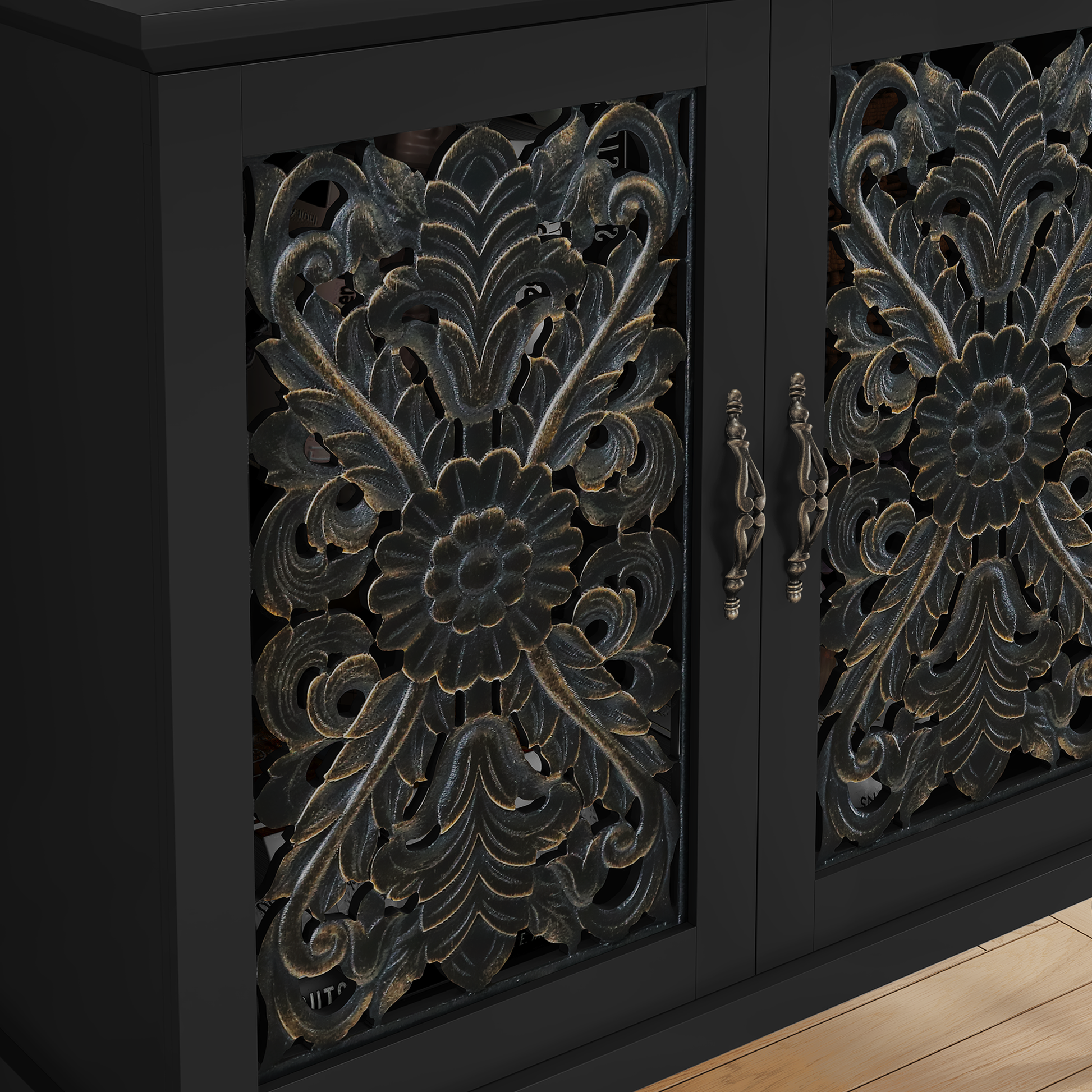 HLR 61.8" Accent Cabinet, 4 Doors Sideboards and Buffets Cabinet Buffet Cabinet with Storage for Living Room, Black