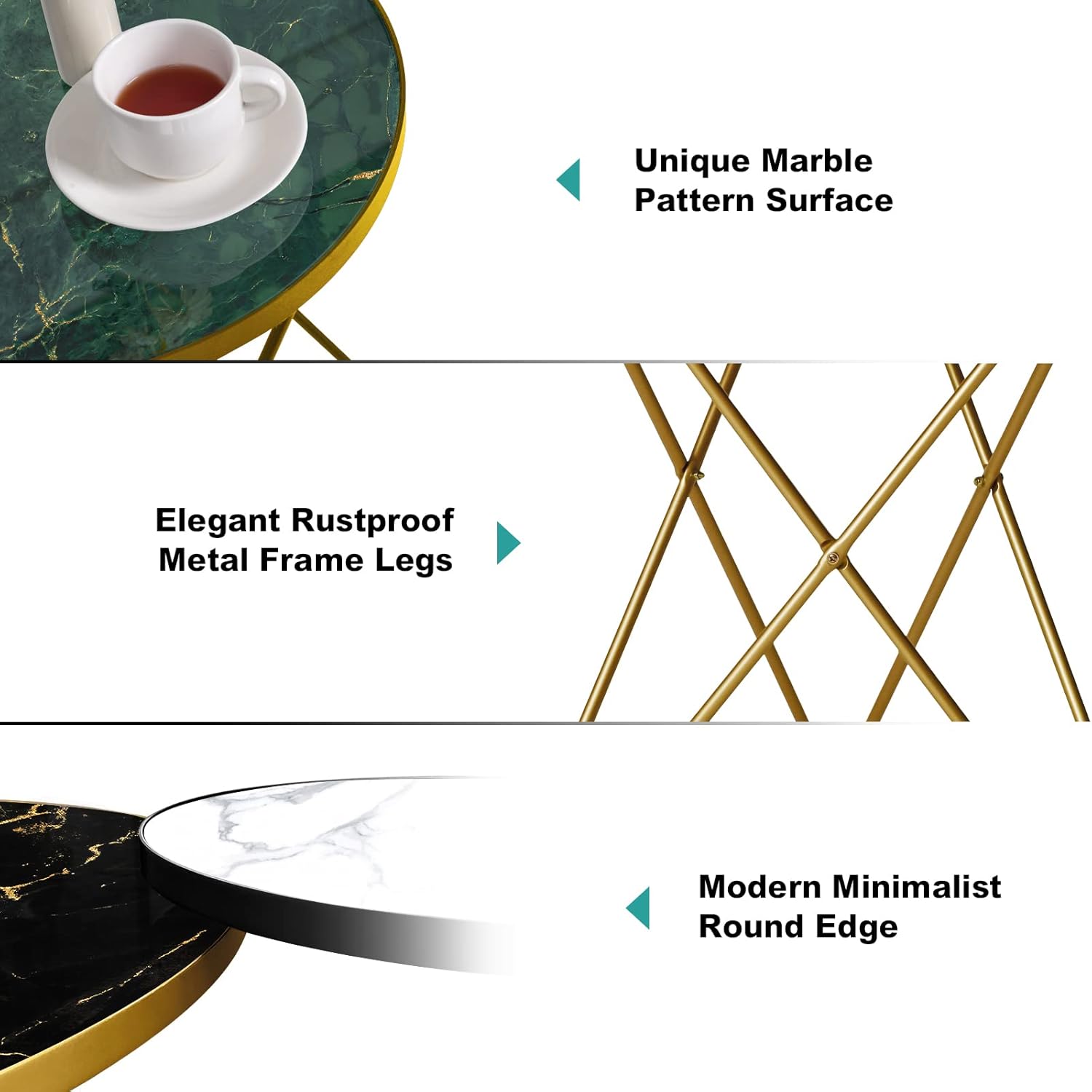 HLR® Modern Round Side Table, End Table with Marble Effect Top and Gold Metal Frame