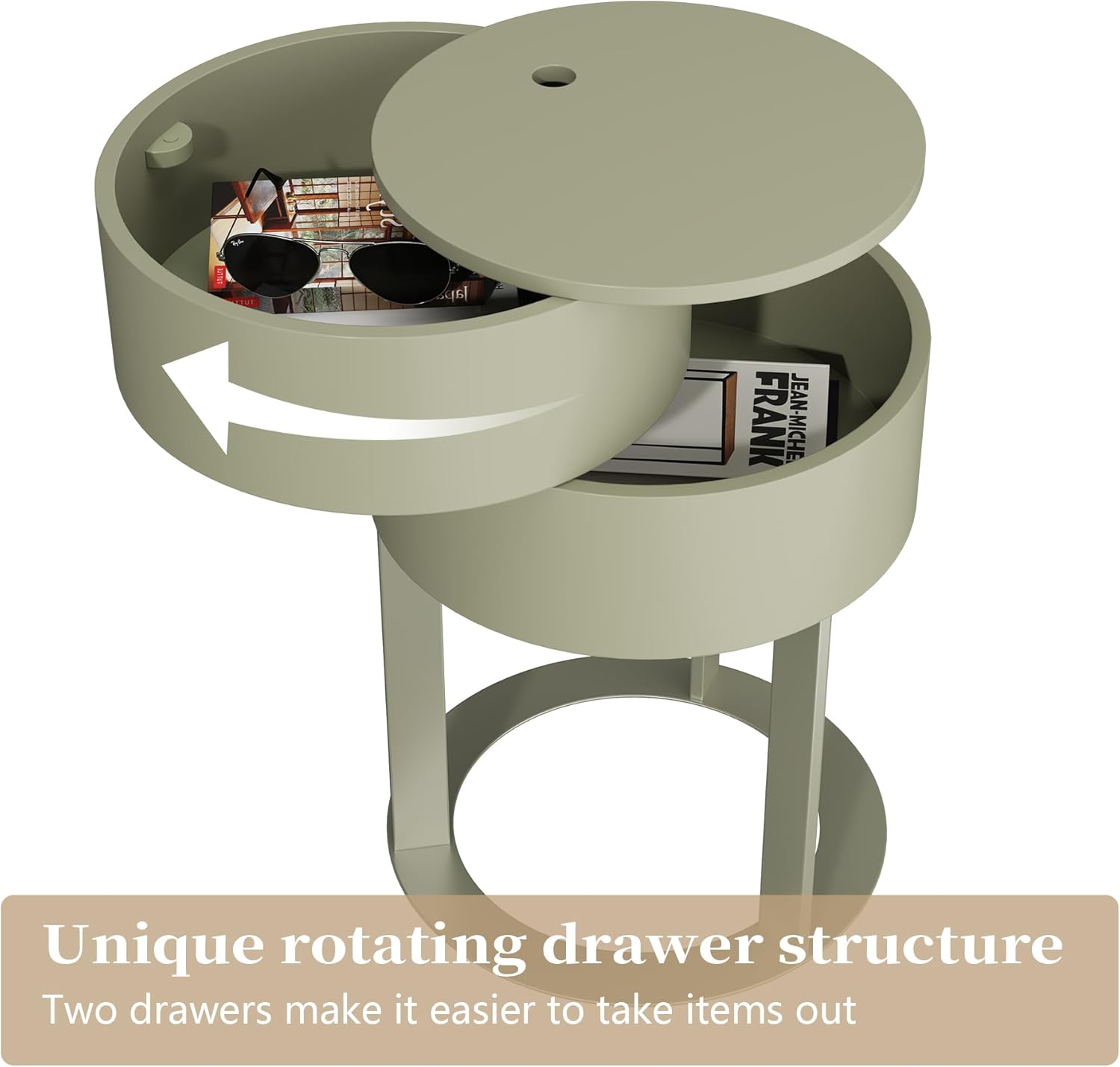HLR® Round Side Table with Hidden Storage Drawers, Modern Nightstand with Swivel Drawer,