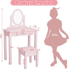 HLR® Kids Vanity, Girls Vanity Set with Mirror and Stool, Wooden 2 in 1 Princess Makeup Desk Dressing Table with Detachable Top