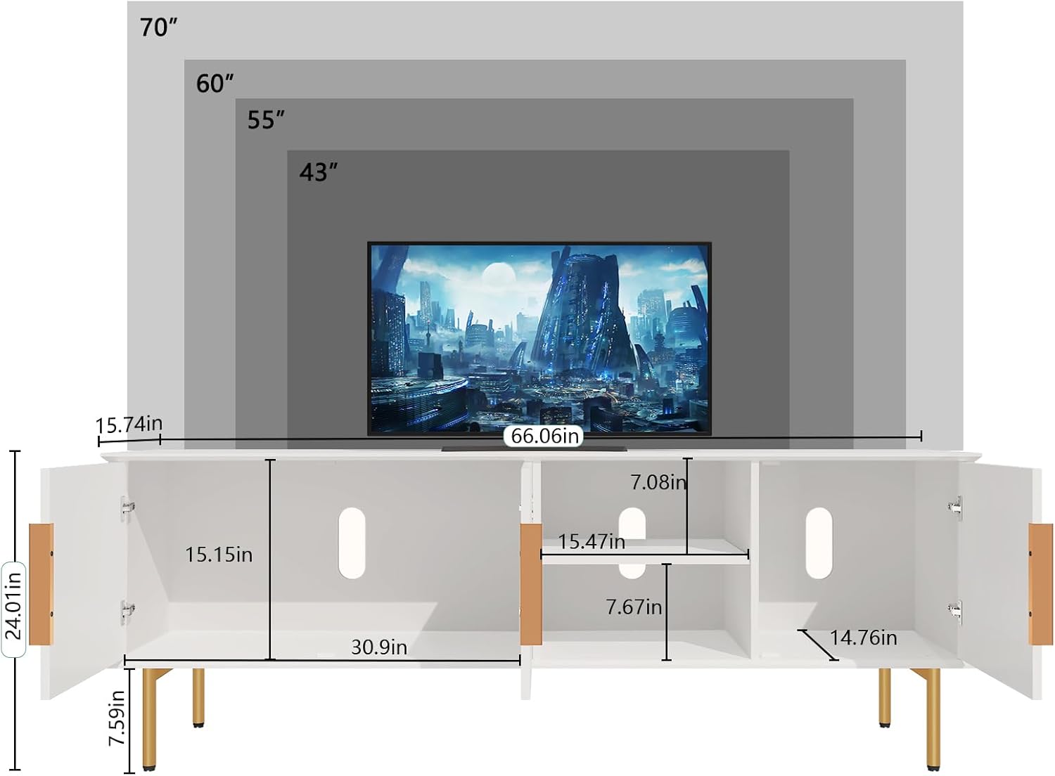 HLR® 66'' Modern TV Stand for 55/60/70 inch TV,Mid Century Entertainment Center