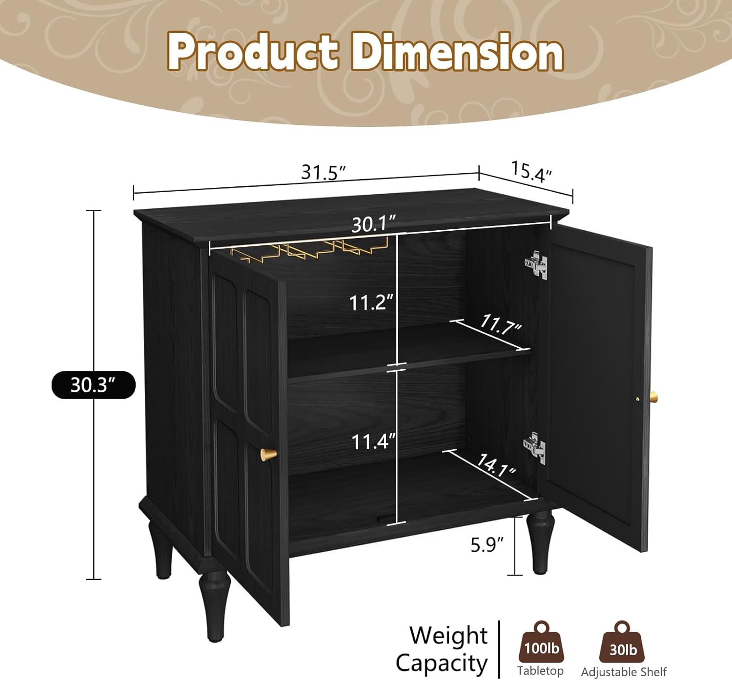 HLR® Black Sideboard Buffet Cabinet with Storage, Mid-Century Modern Storage Cabinet