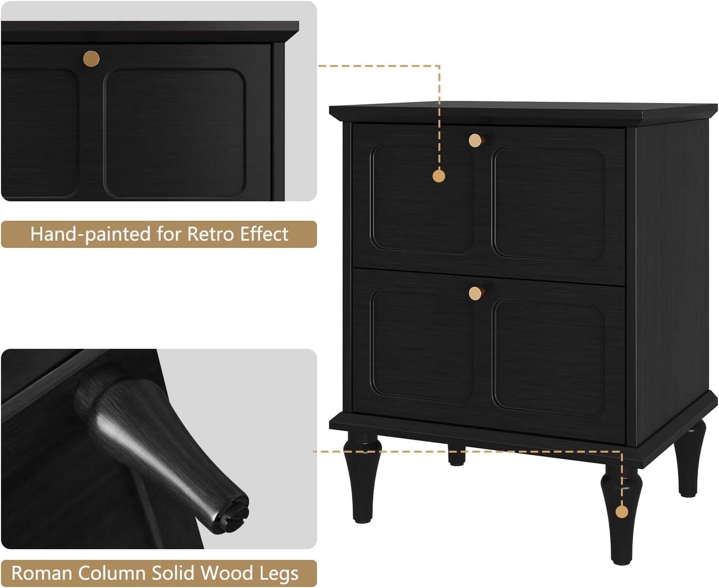 HLR® Mid-Century Modern Nightstand Set of 2, with Storage Drawers and Solid Wood Legs