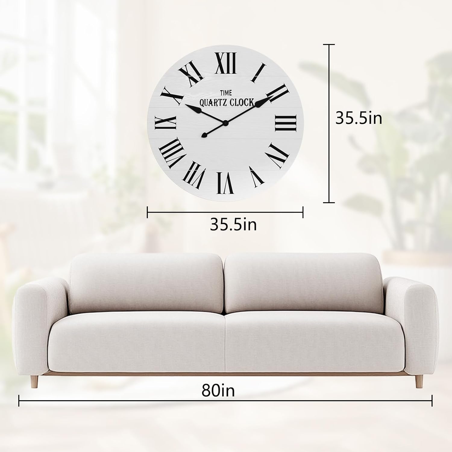 HLR® Large Farmhouse Wall Clock, 35.5” Shiplap Wall Clock with Roman Numeral, Nearly Non-Ticking, Round Wall Clocks
